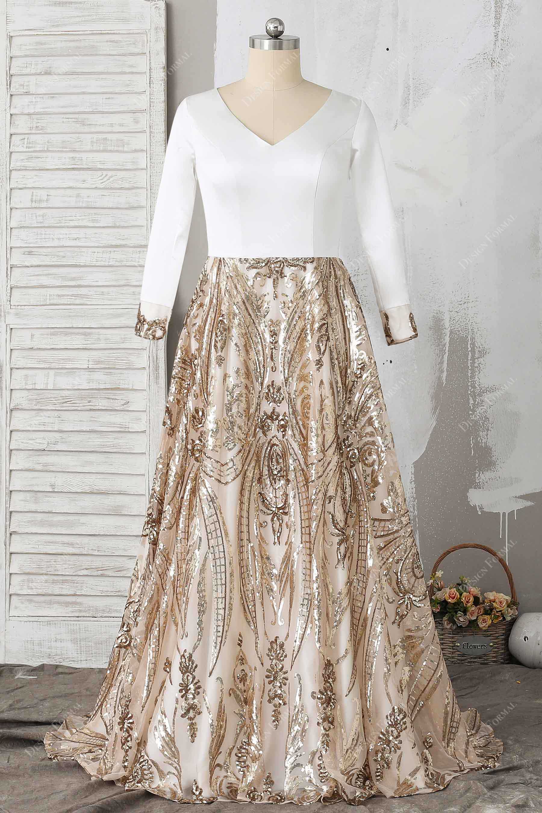 Unique Gold Sequin Ivory Satin Two-tone Prom Formal Dress Unique Gold Sequin Ivory Satin Two-tone Prom Formal Dress