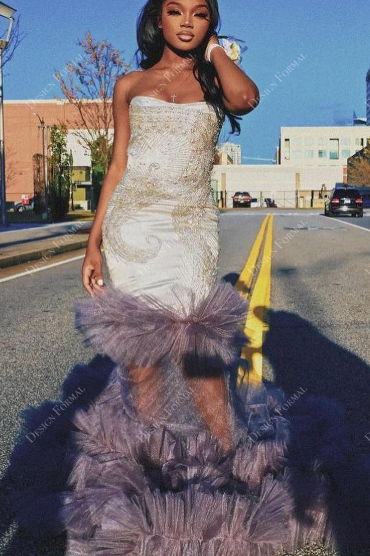 Ivory Sequin Sheer Navy Tulle Strapless Customized Prom Dress Ivory Sequin Sheer Navy Tulle Strapless Customized Prom Dress