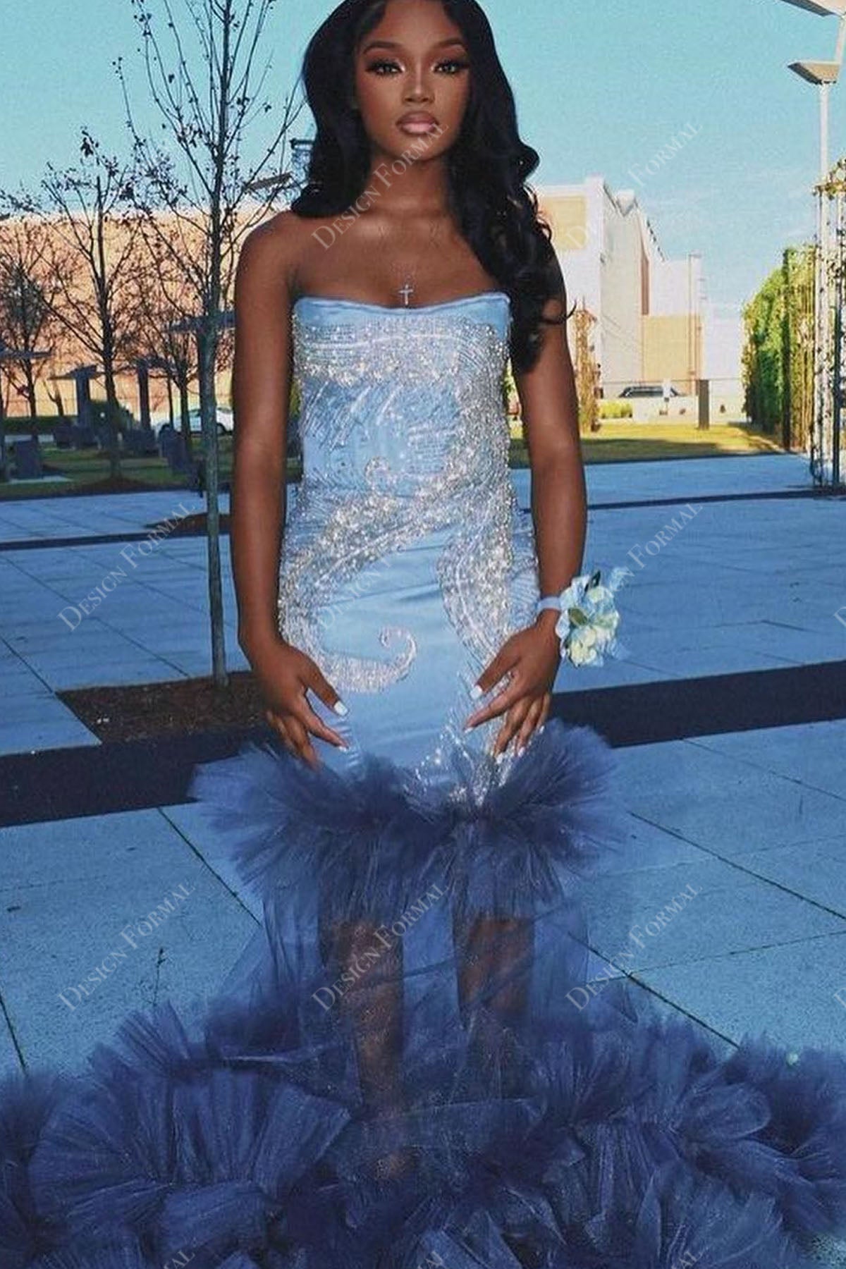 ivory sequin sheer navy tulle strapless prom dress