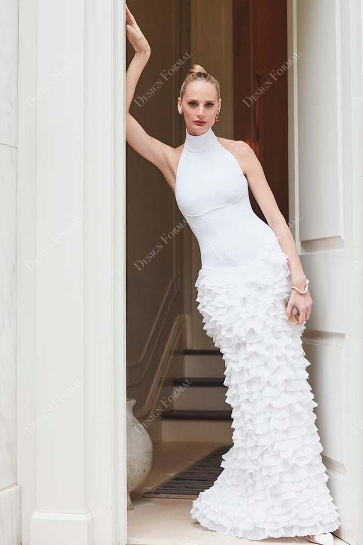 ivory high neck satin sleeveless ruffled tulle sheath wedding dress