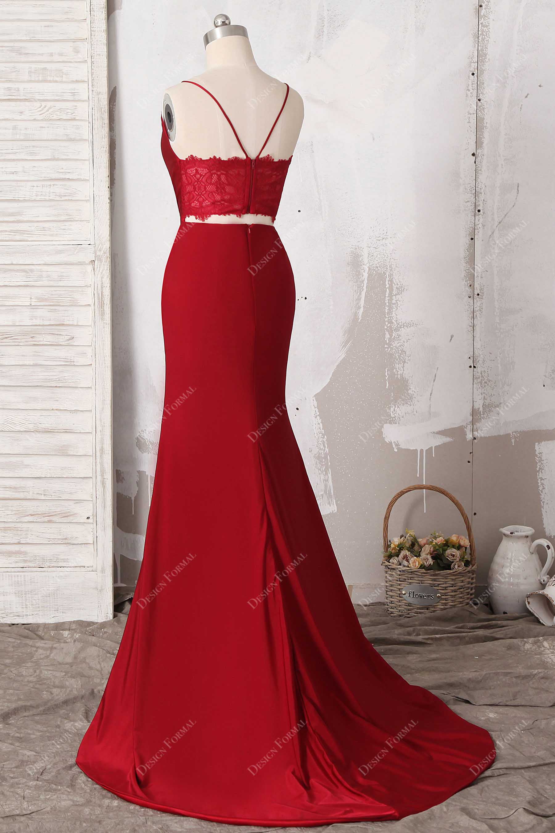 jersey mermaid red lace prom dress