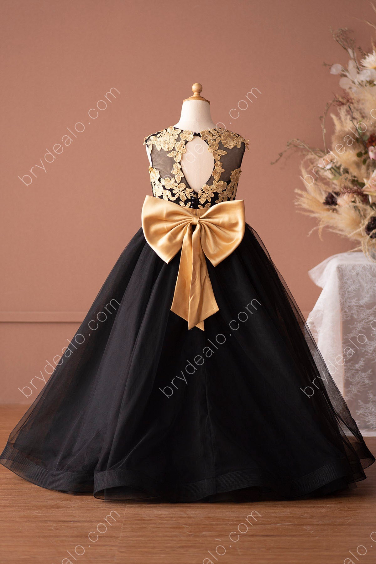 keyhole back gold lace black flower girl dress online