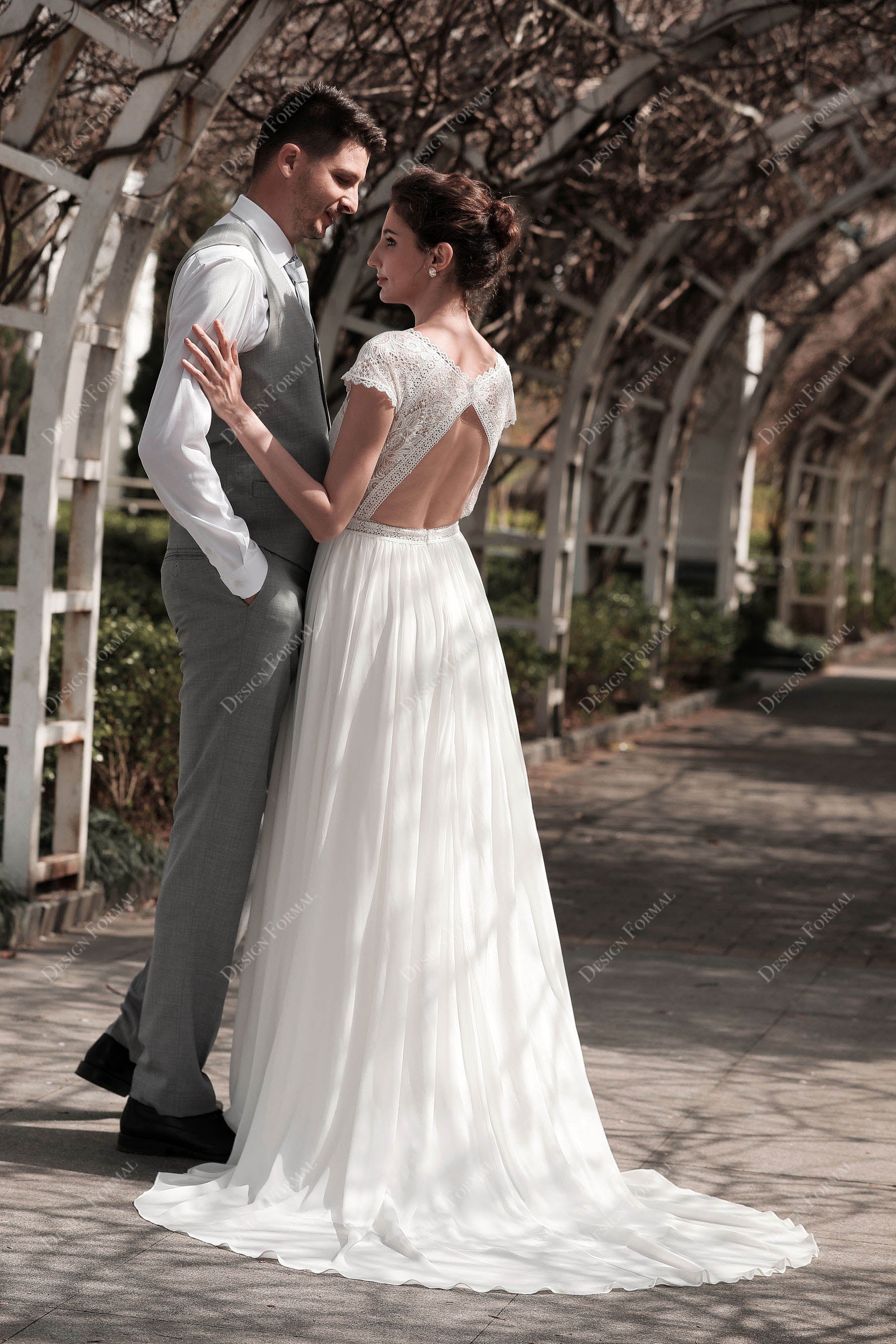 keyhole back sweep train boho wedding gown