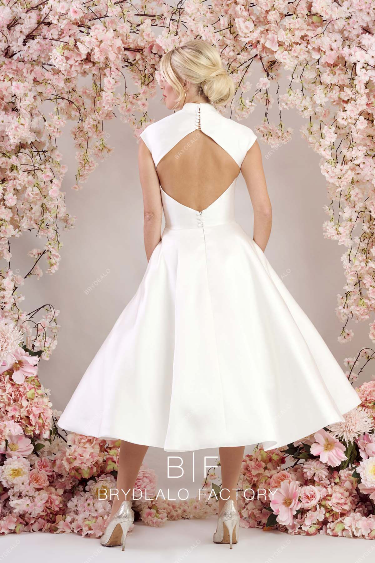 keyhole back tea length short wedding gown