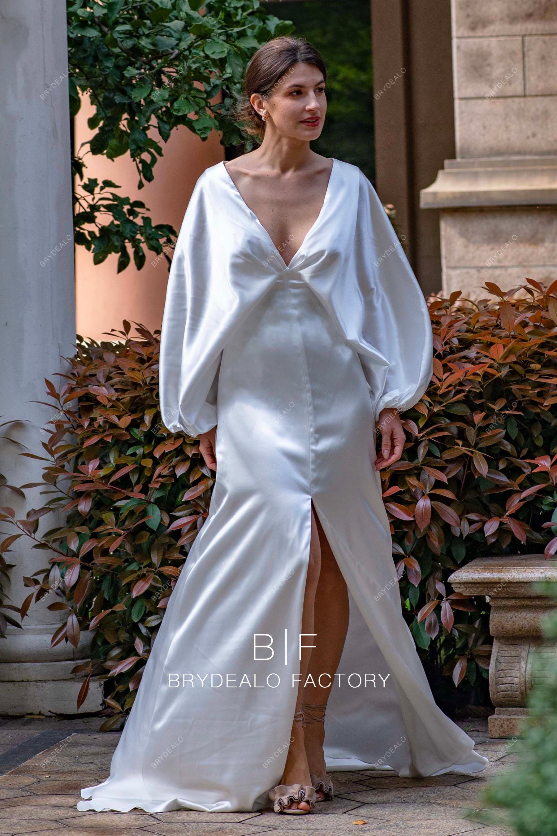 Simple Kimono Sleeve French Satin Slit Modern Unique Wedding Dress Simple Kimono Sleeve French Satin Slit Modern Unique Wedding Dress