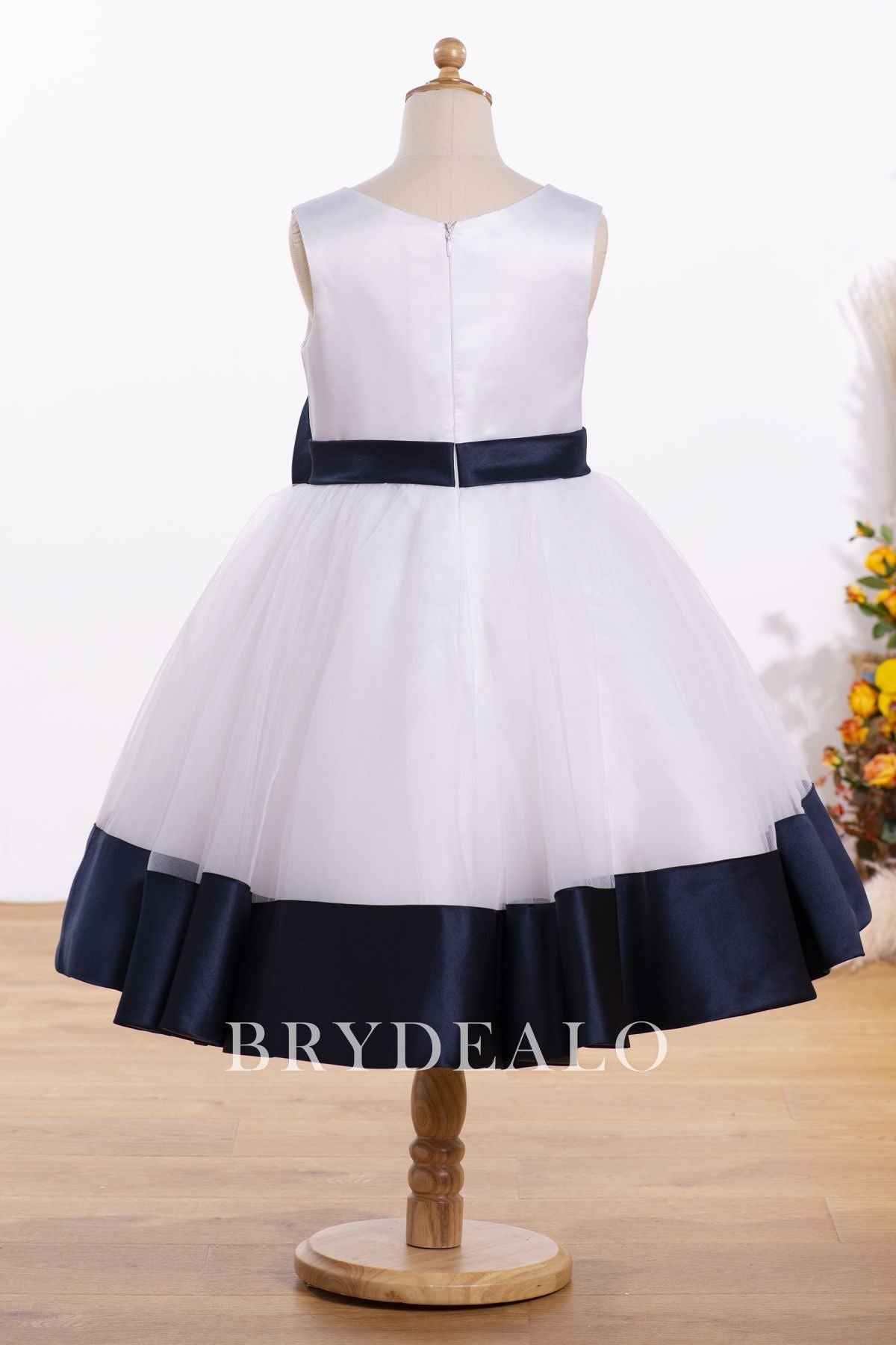 Knee Length Navy Satin Ivory Tulle Flower Girl Ball Dress