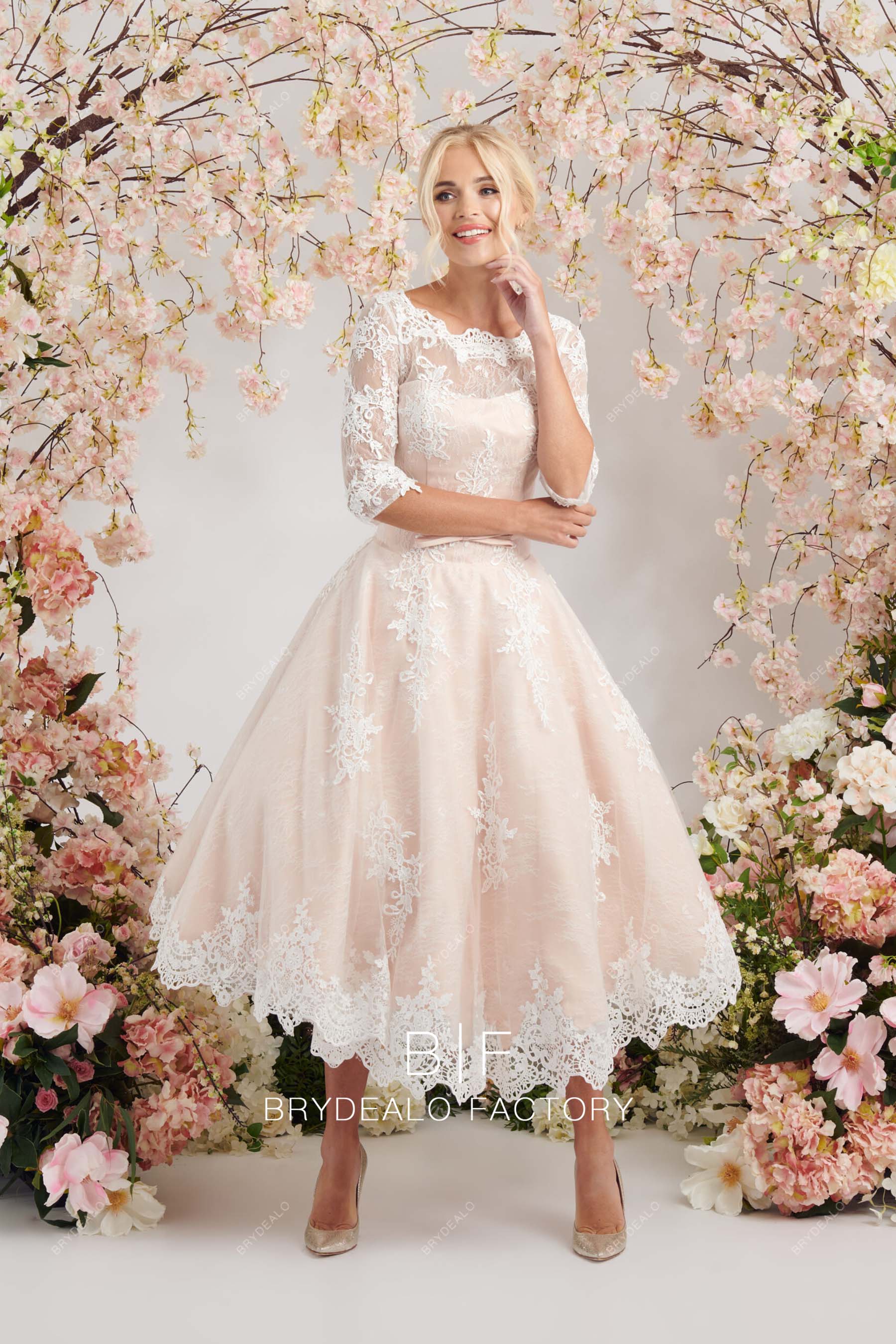 Pretty Lace Three-Quarter Sleeves Blush Short Puffy Wedding Dress, Blushing Pink Pretty Lace Three-Quarter Sleeves Blush Short Puffy Wedding Dress, Blushing Pink
