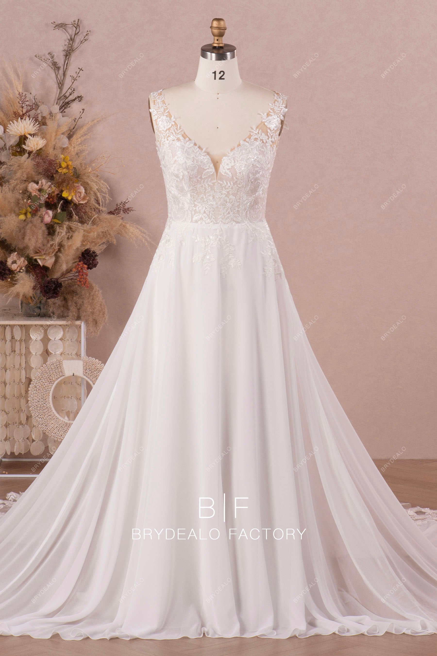 Beautiful Lace V-Neck Flowing Chiffon Wedding Dress