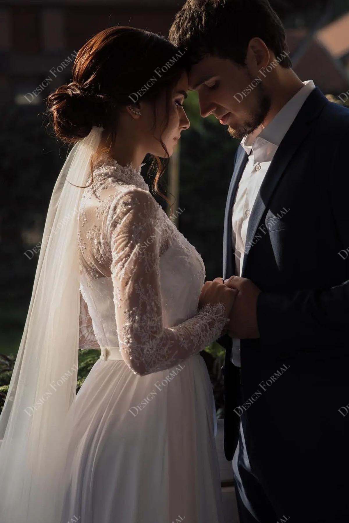 lace chiffon illusion neck long sleeve bridal gown