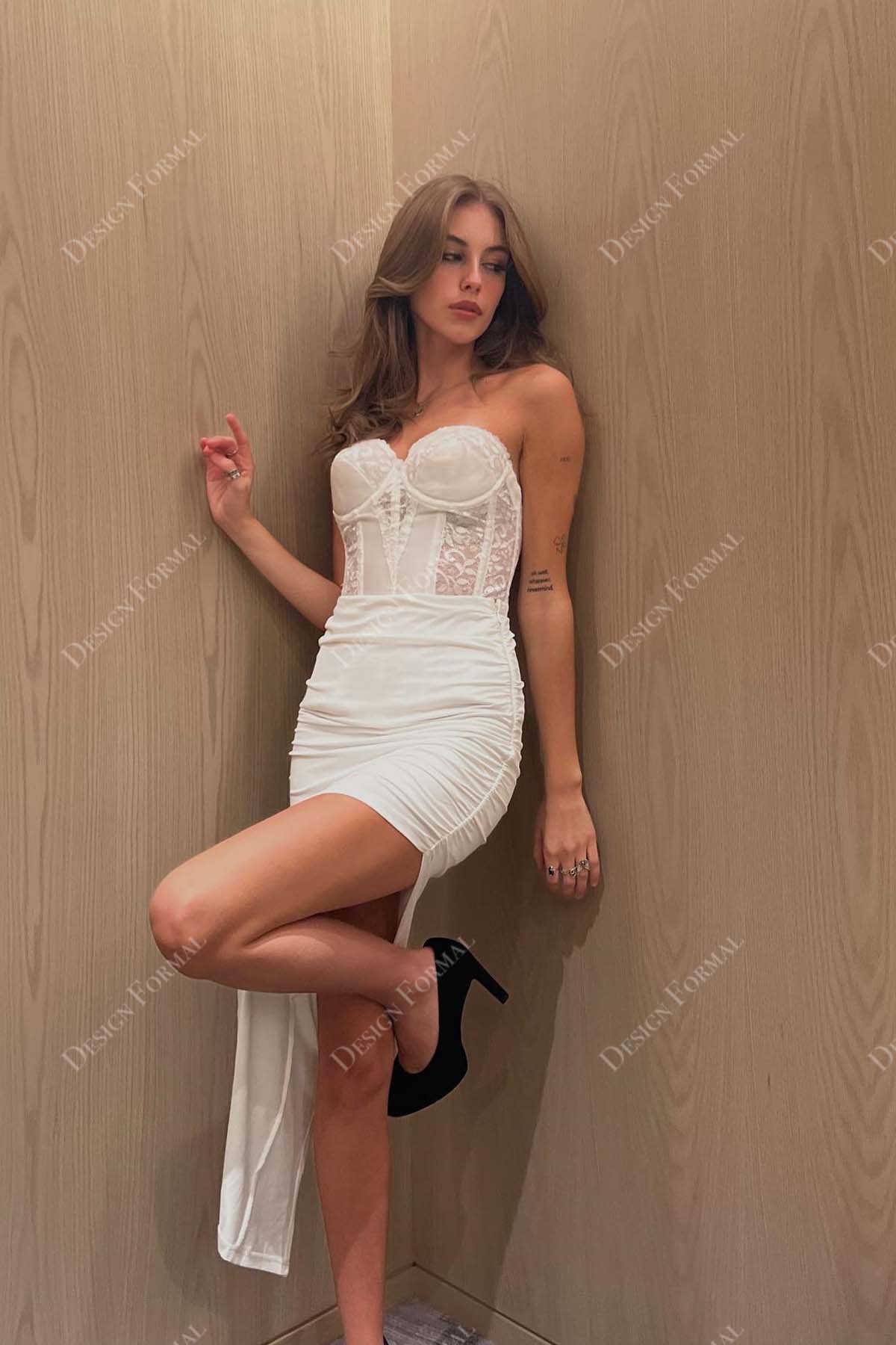 lace chiffon tea length strapless sweetheart corset high slit prom gown