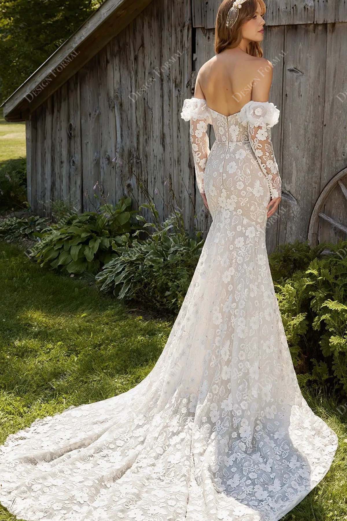 lace flower off-shoulder mermaid long train custom bridal dress