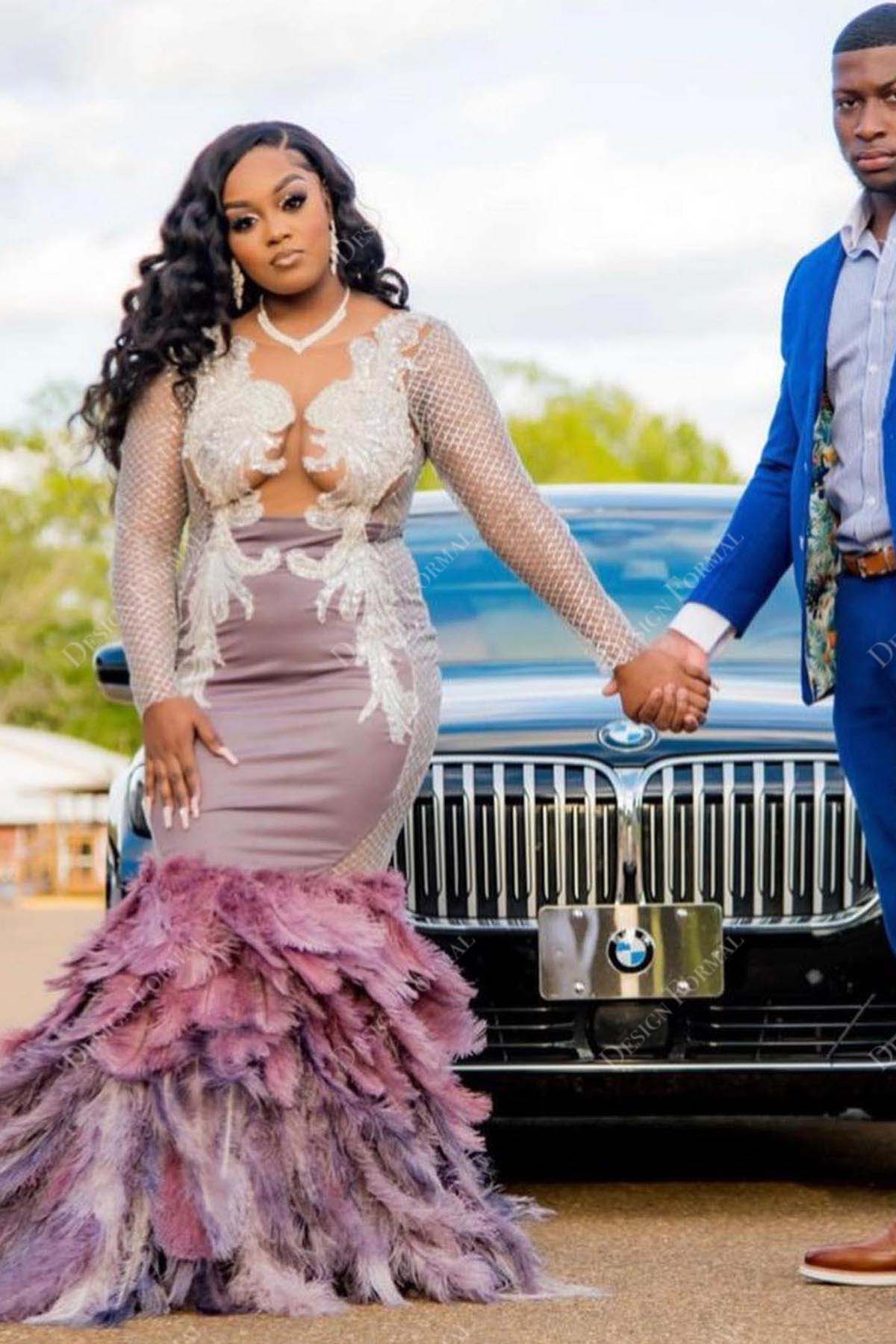 ivory lace beaded mauve feather mermaid trumpet prom dress