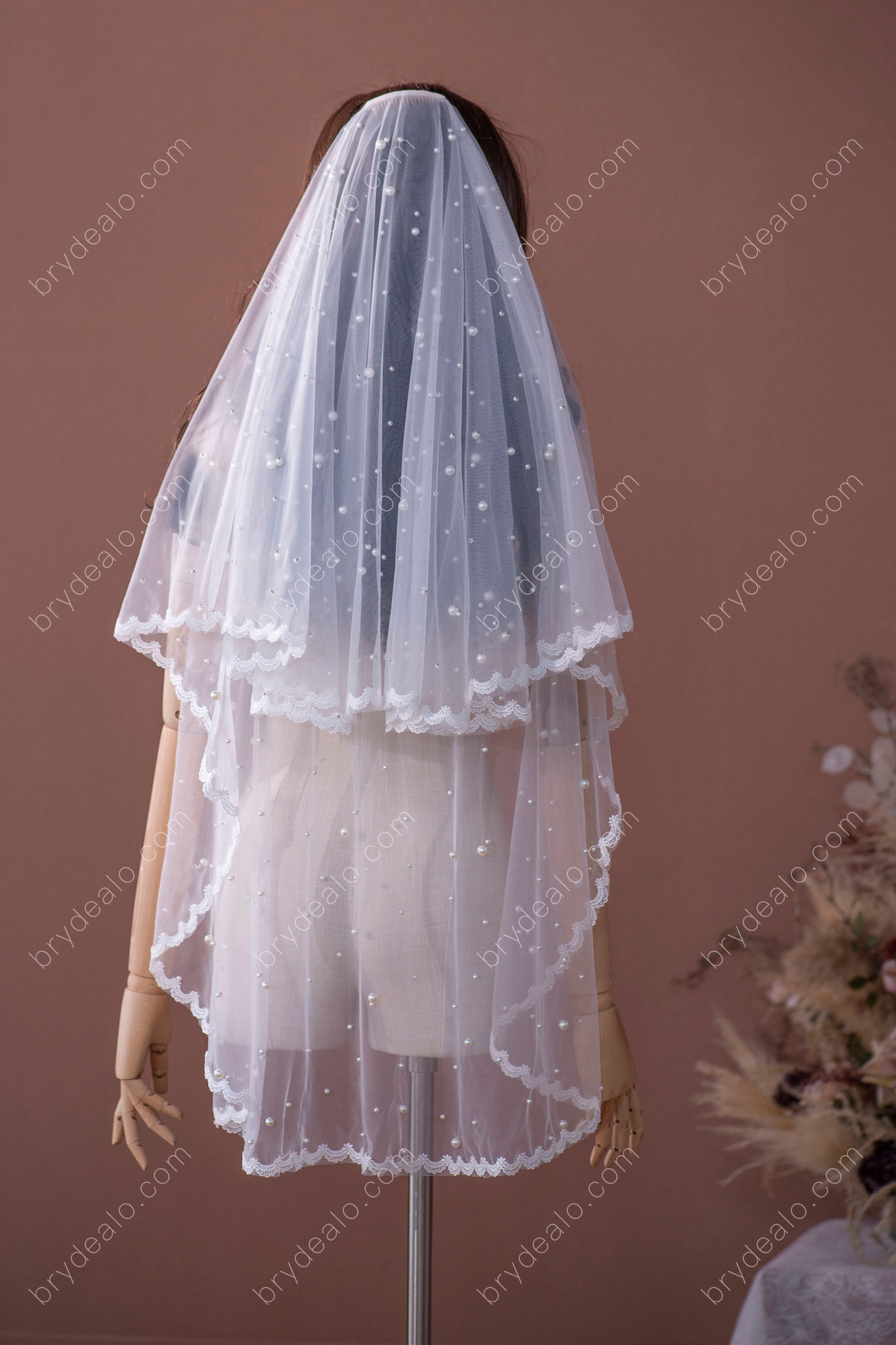Classic Pearls Two Tiered Chapel Length Wholesale Wedding Veil