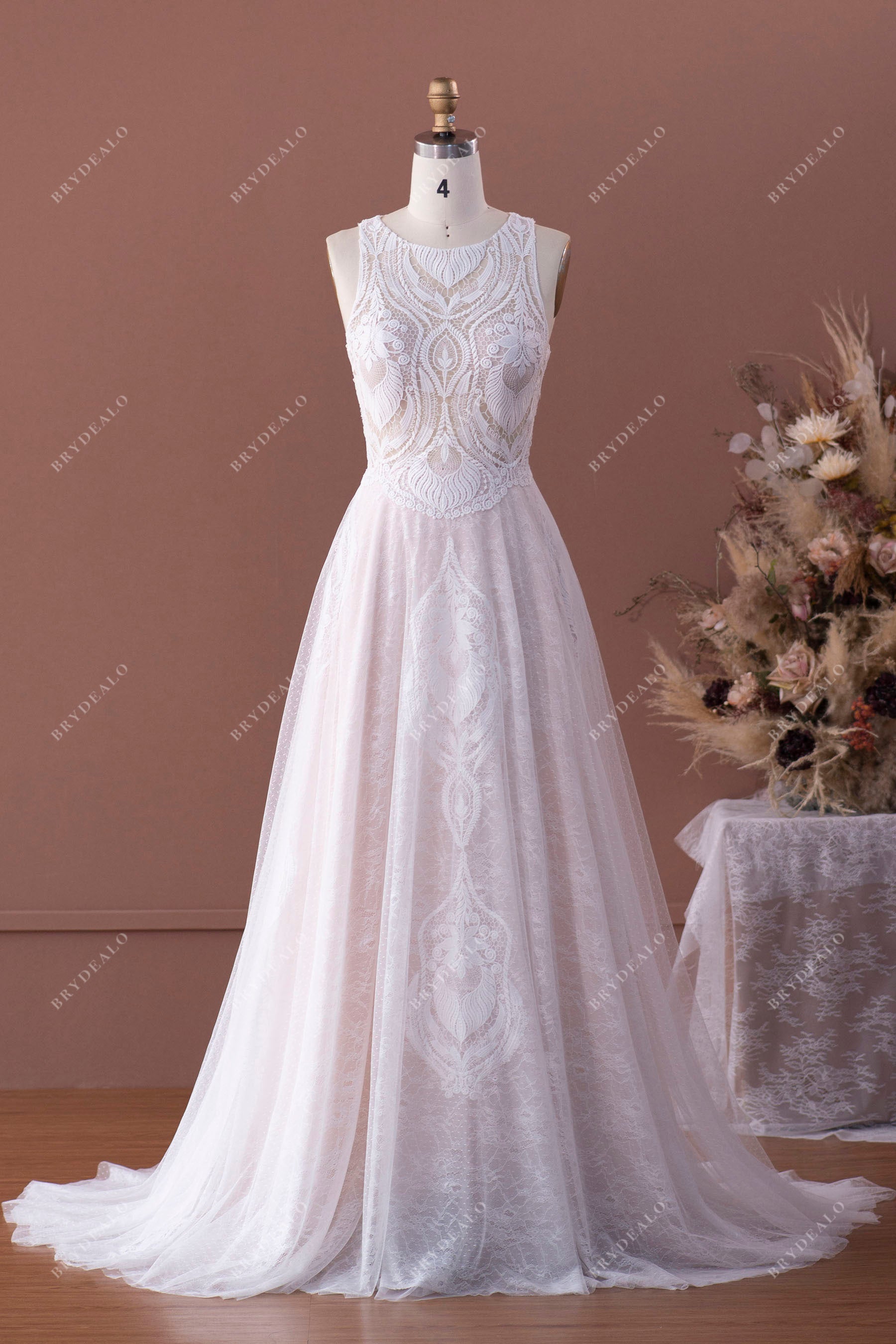 Designer Lace Sleeveless Illusion Boho A-line Pearl Pink Wedding Dress, Pearl Pink