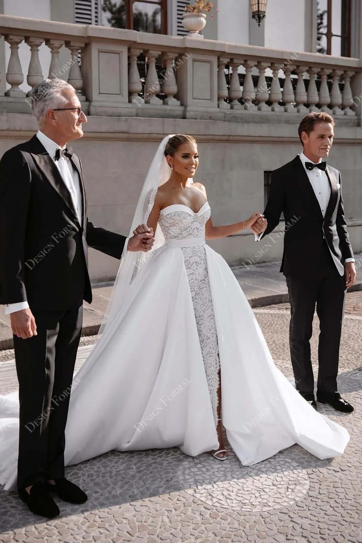 lace strapless sweetheart wedding dress with chapel train overskirt