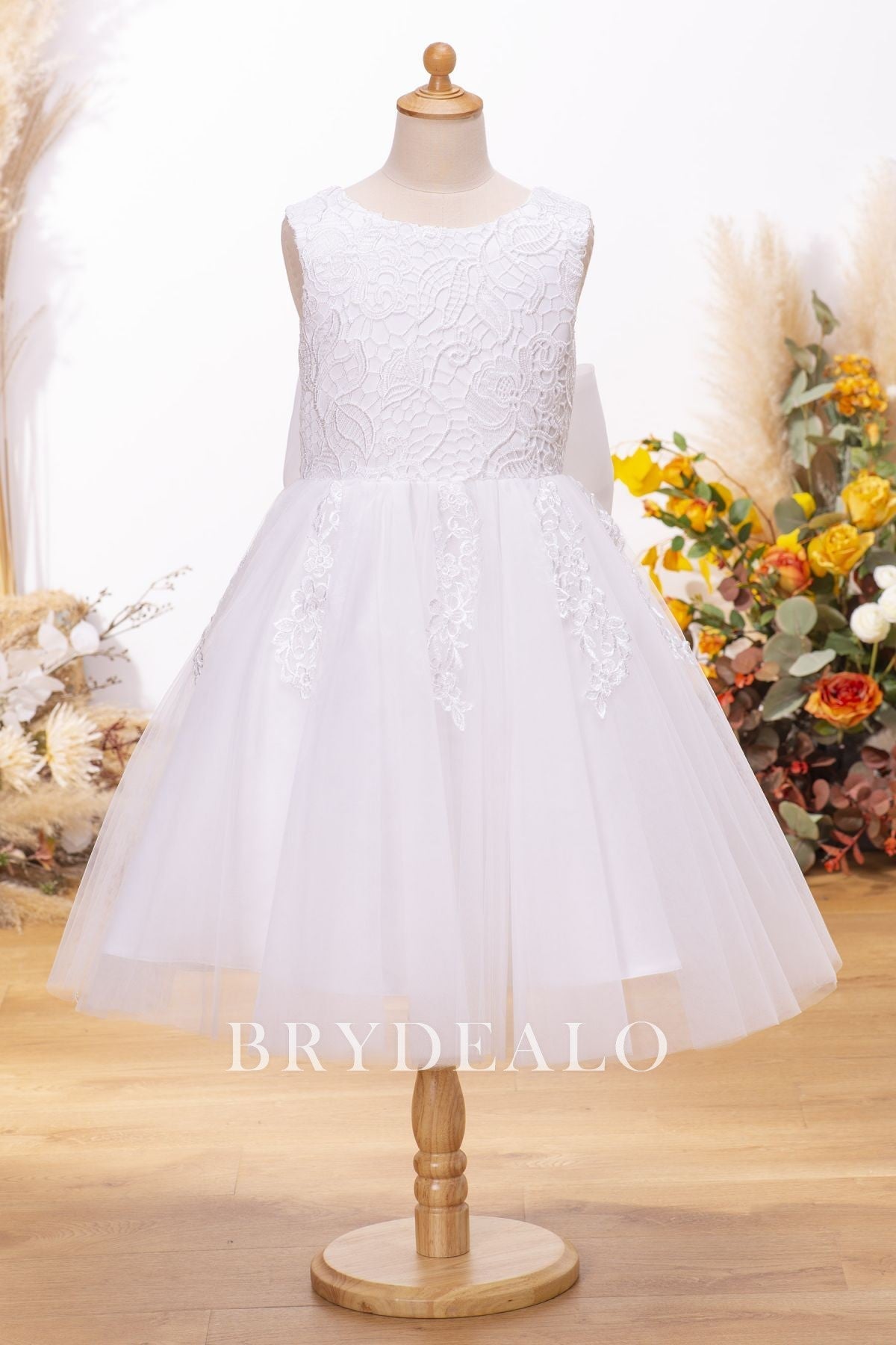 Girls A-line Lace Tea Length Dress with Bowknot