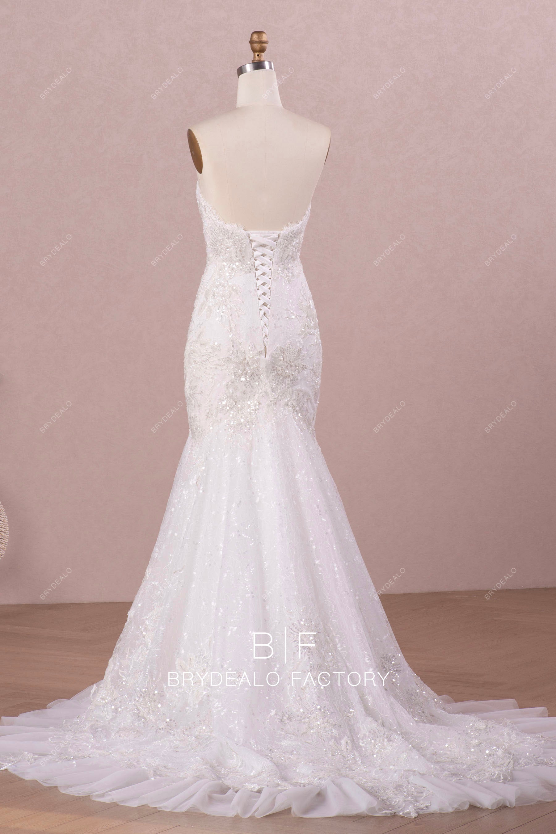 lace up back long train ruffled mermaid wedding dress