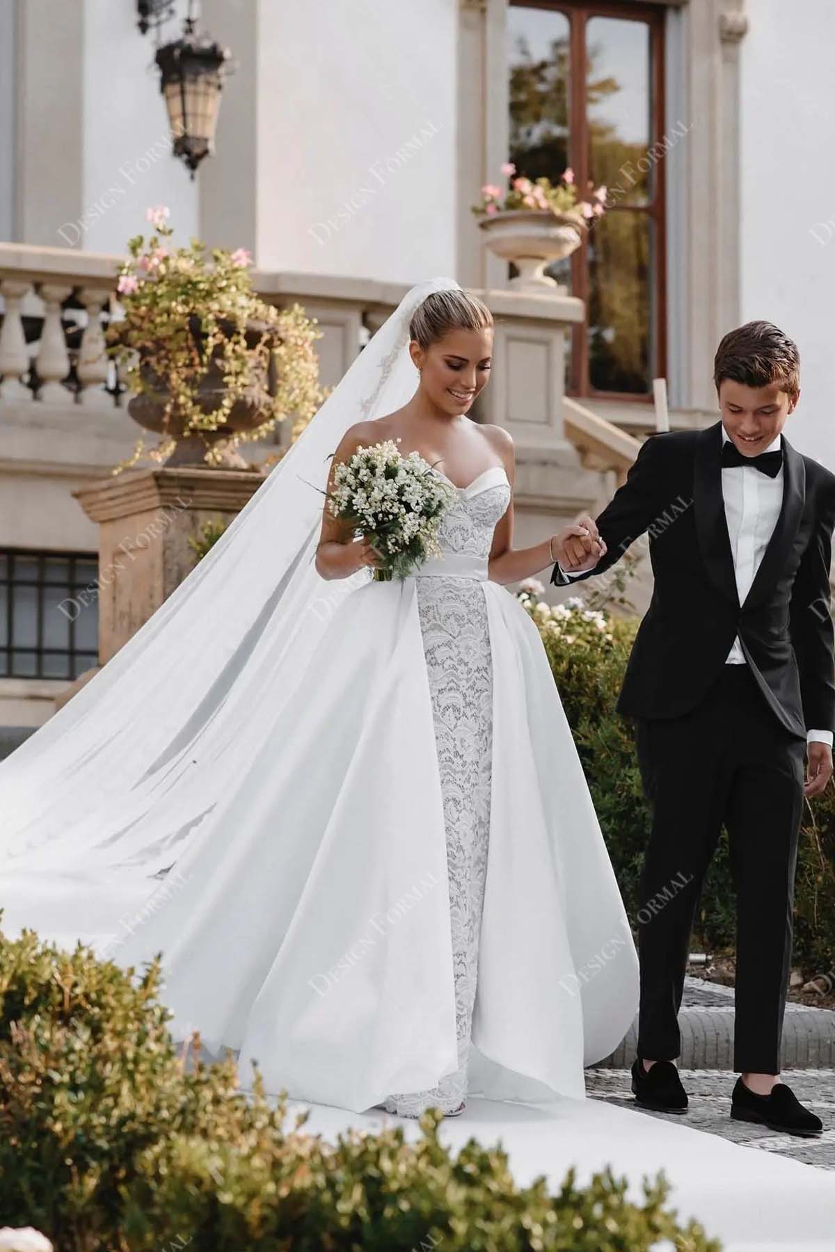 Lace Strapless Sweetheart Wedding Dress with Satin Overskirt Lace Strapless Sweetheart Wedding Dress with Satin Overskirt