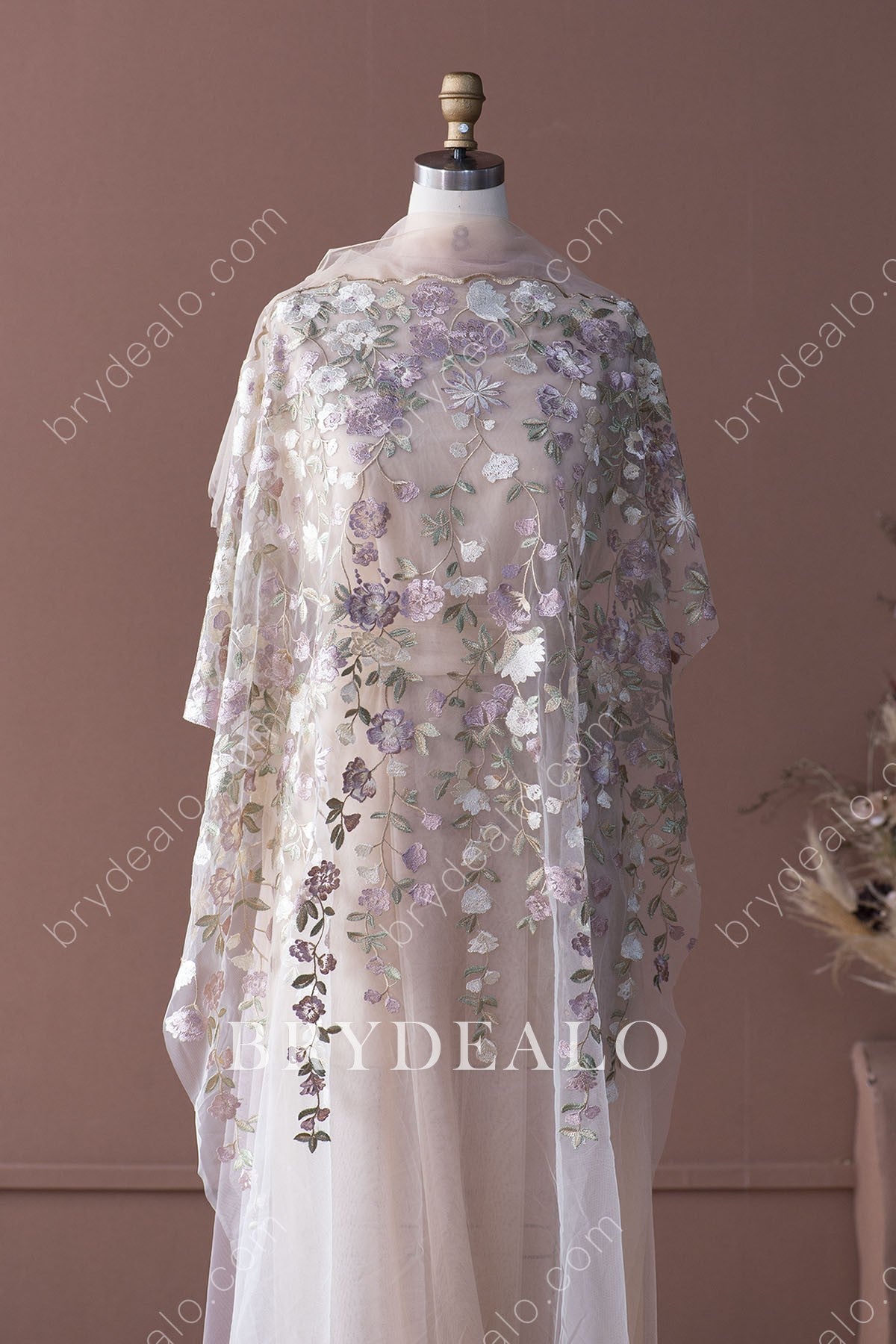 Wild Lavender Flower Green Leaf Embroidery Lace Fabric