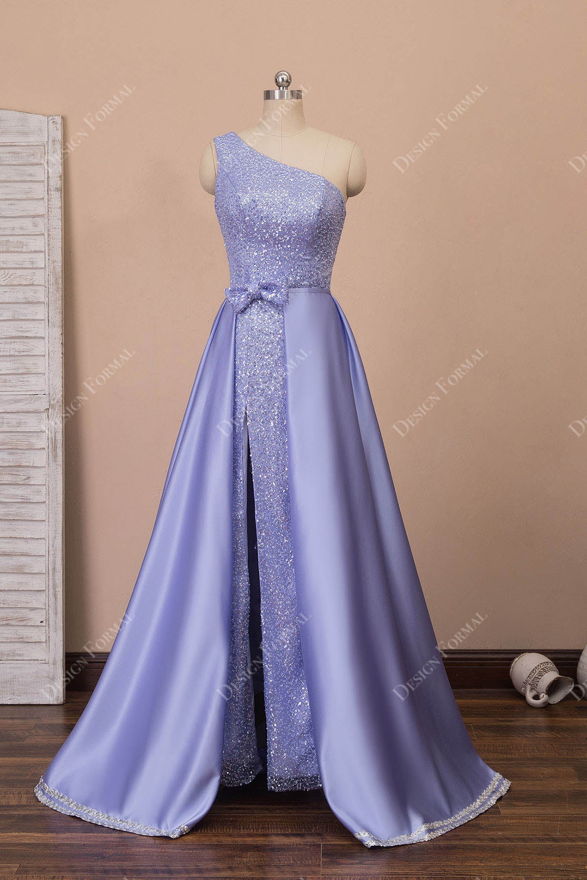 Lavender Glitter One Shoulder Sheath Gown with Satin Overskirt Lavender Glitter One Shoulder Sheath Gown with Satin Overskirt
