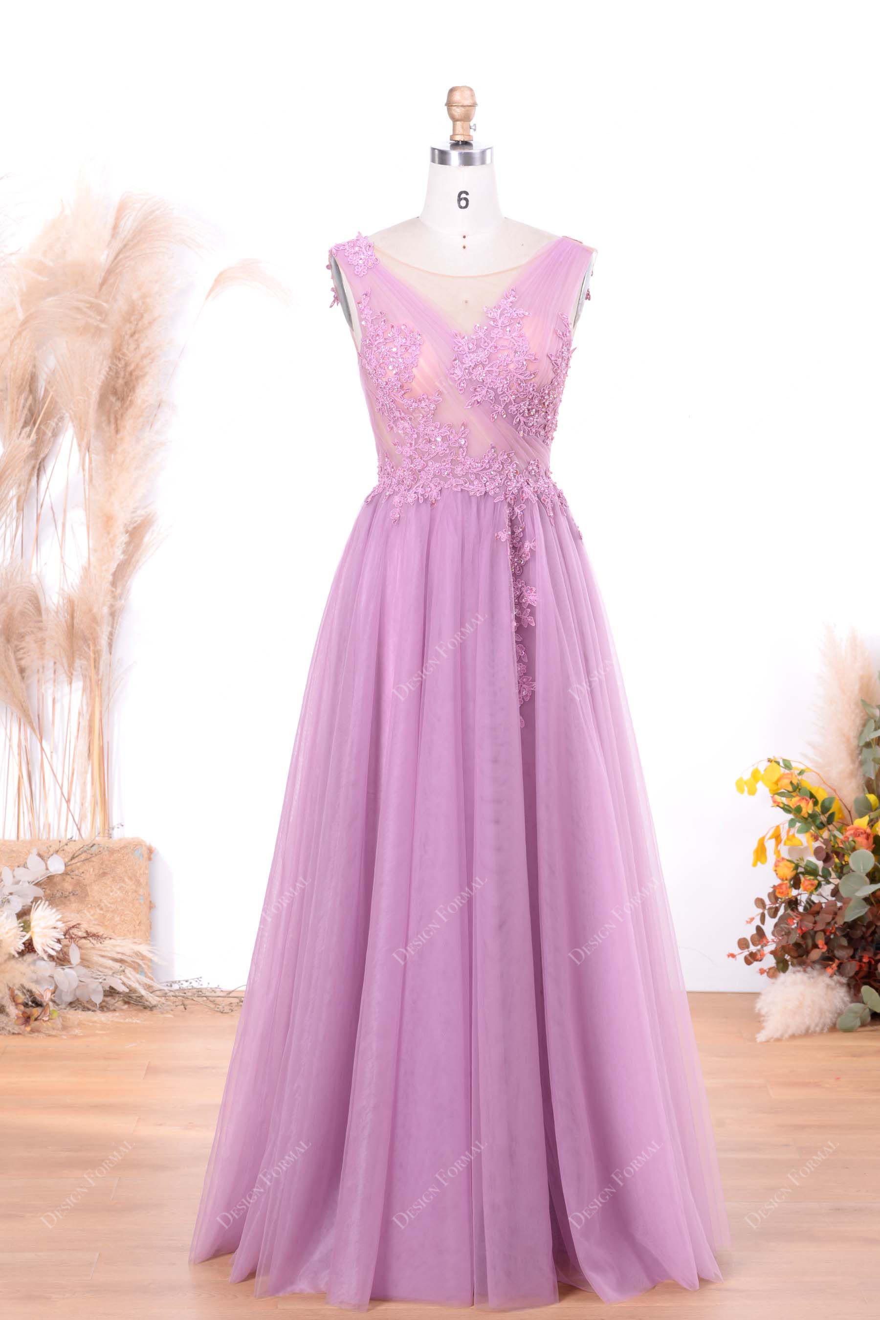 Lilac Illusion Beaded Lace Sexy Slit A-line Long Tulle Illusion Prom Dress Lilac Illusion Beaded Lace Sexy Slit A-line Long Tulle Illusion Prom Dress