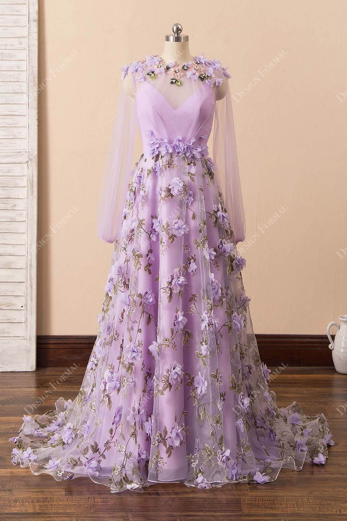 lilac organza flowers illusion sleeve prom dress