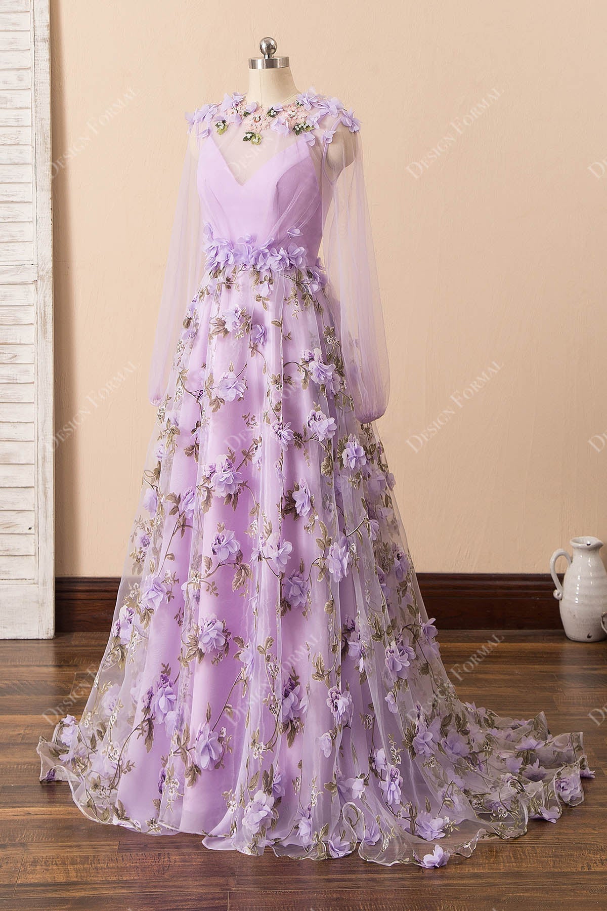 lilac organza pearls flowers A-line gown