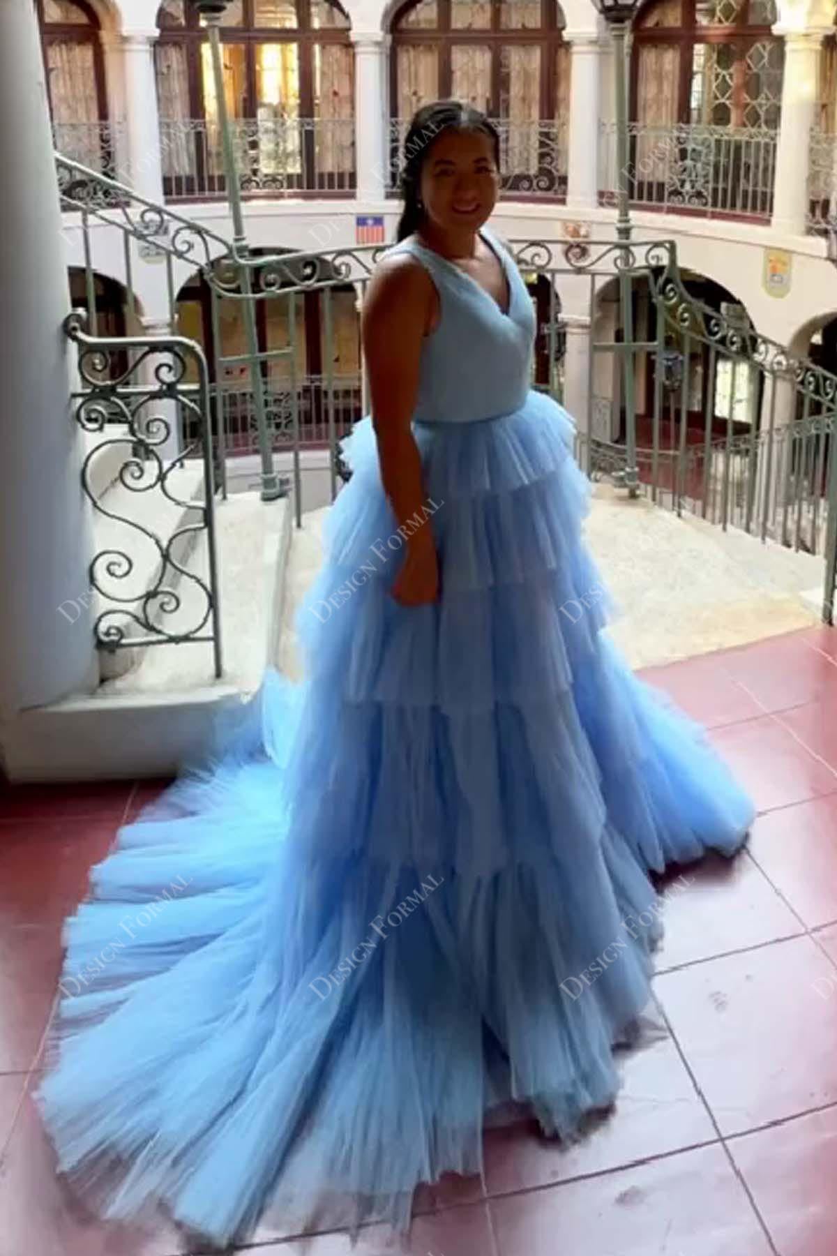 Lily sky blue V-neck prom dress