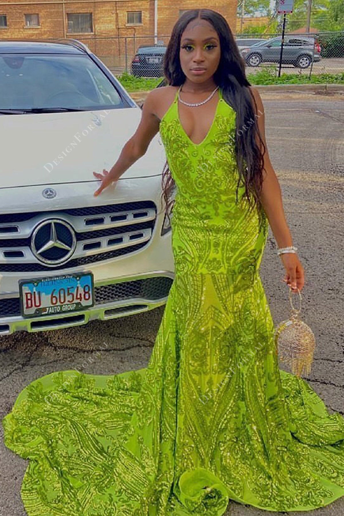 lime green sequin halter neck mermaid dress