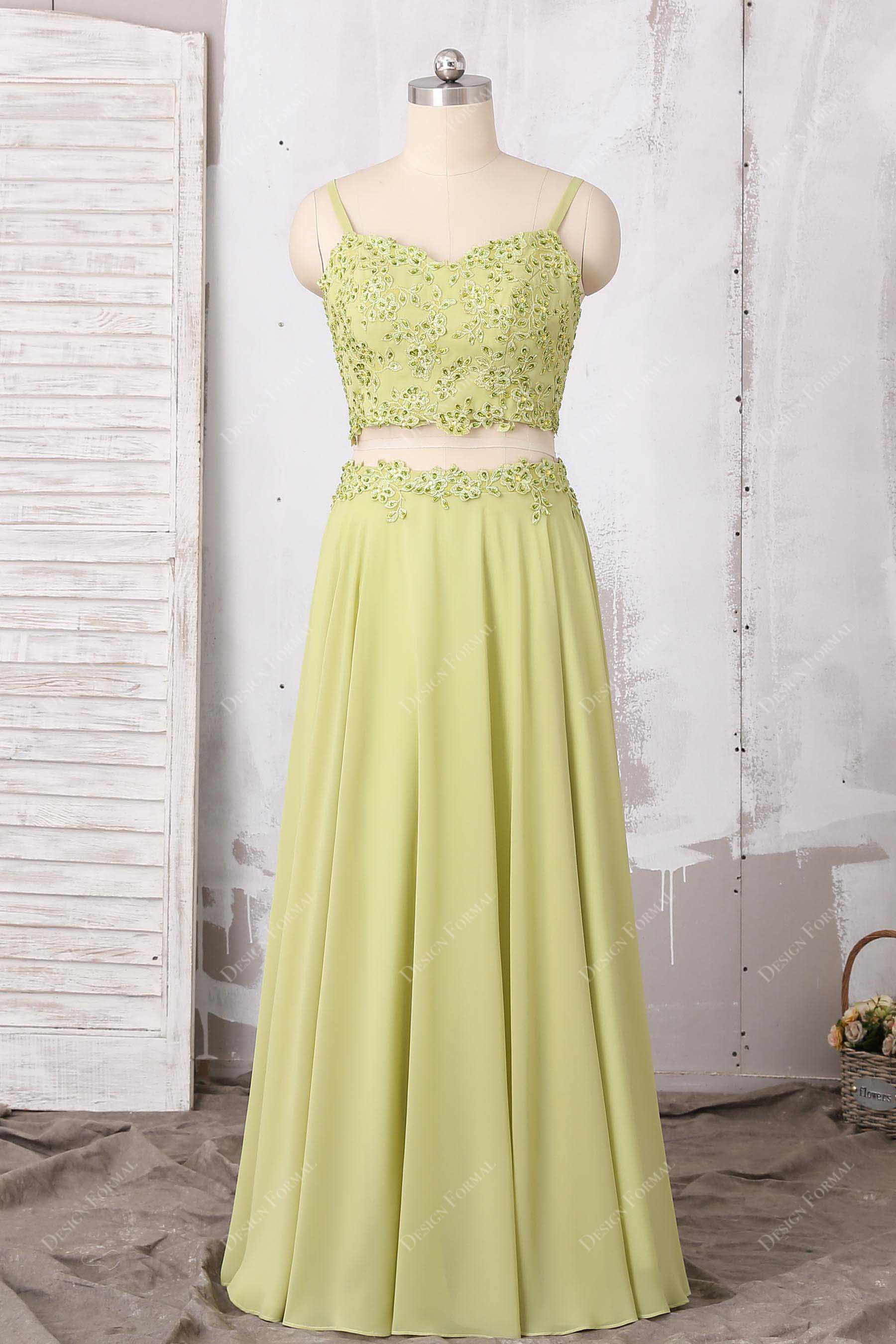 lime green two-piece lace chiffon prom dress