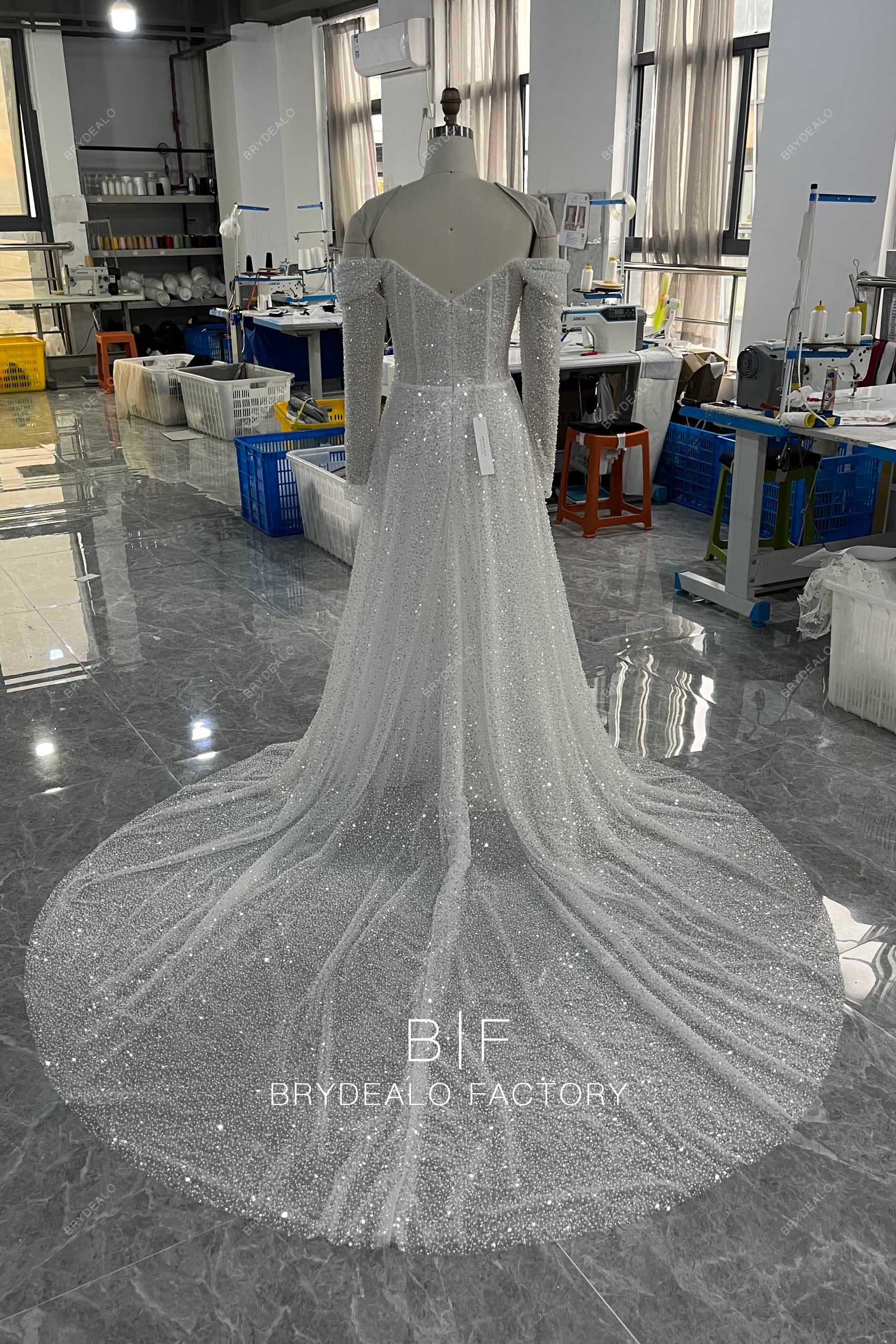 tailored A-line long train white sparkly wedding dress