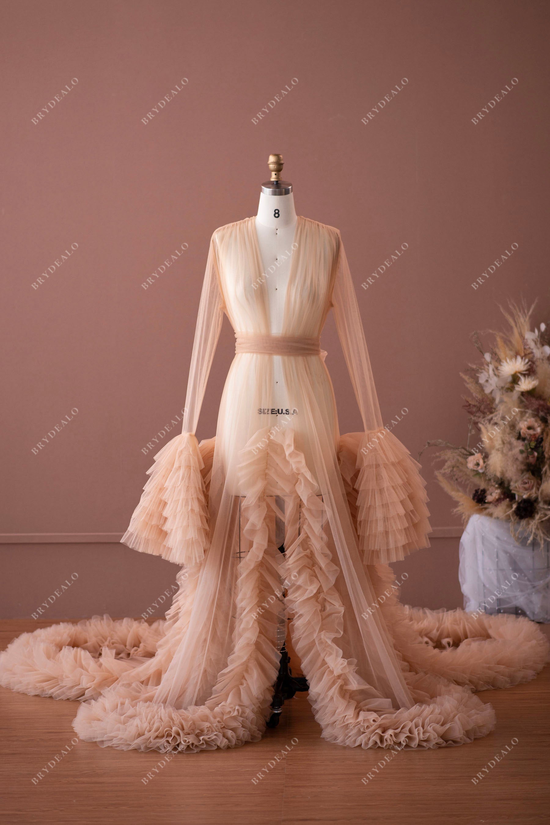 Designer Bell Sleeves Ruffled Popular Maternity Baby Shower Robe Designer Bell Sleeves Ruffled Popular Maternity Baby Shower Robe