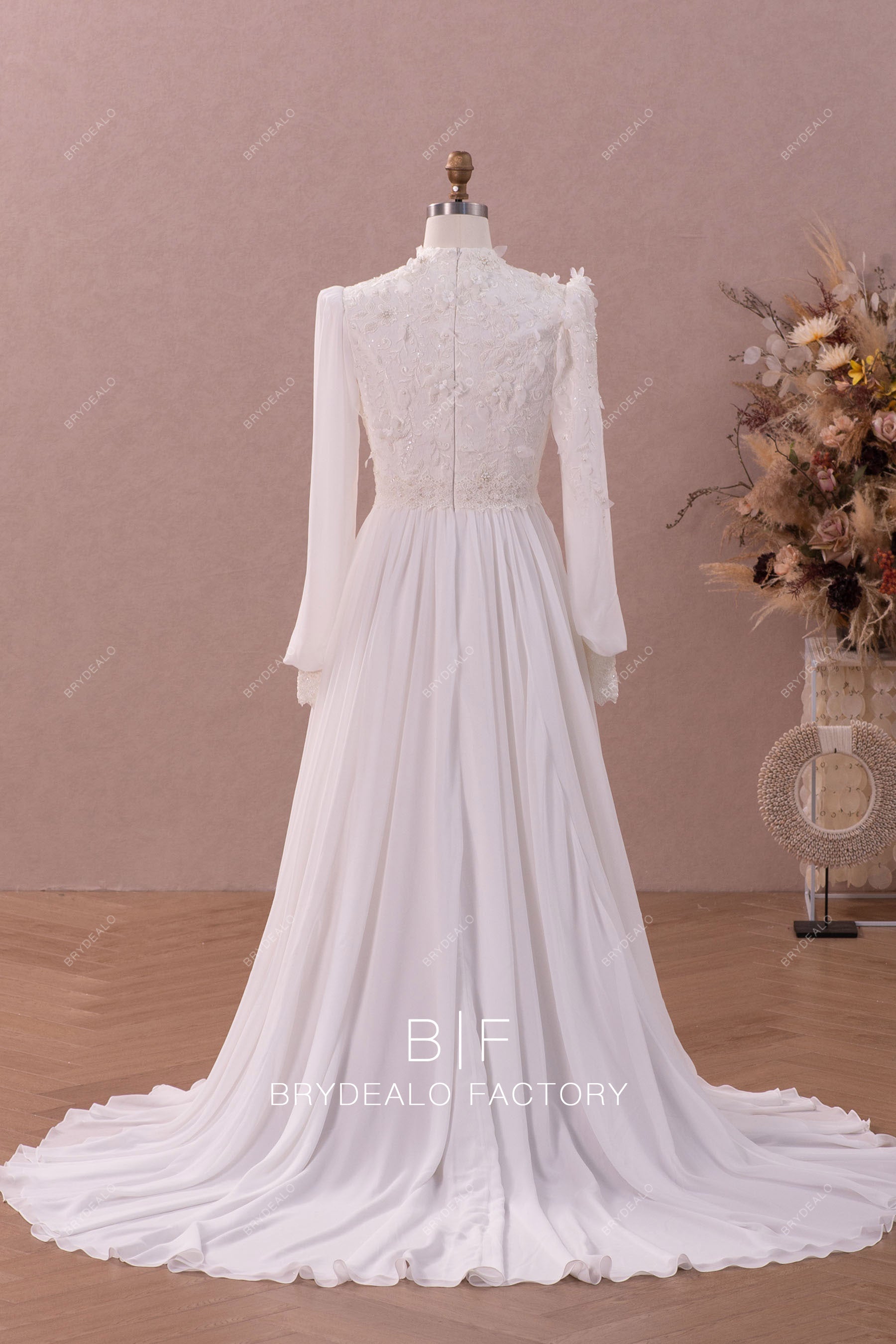 flowy chiffon modest A-line modest wedding dress