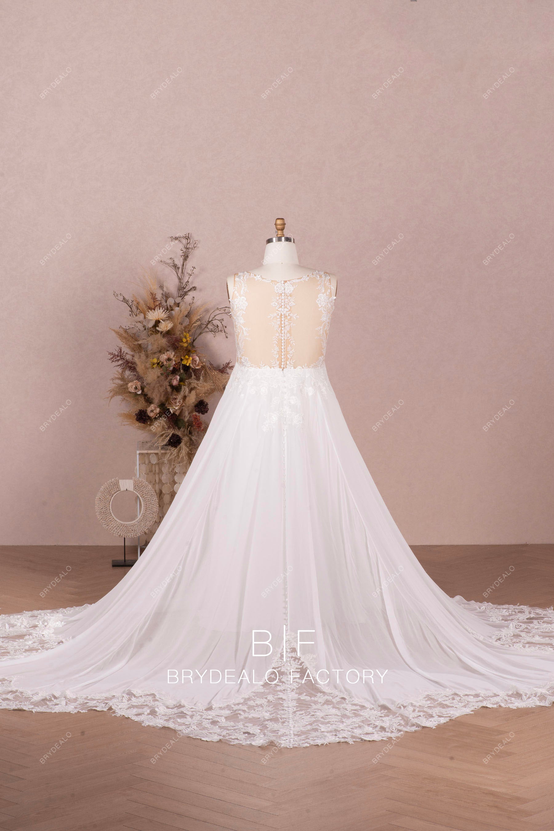 long cutout lace train A-line chiffon wedding dress