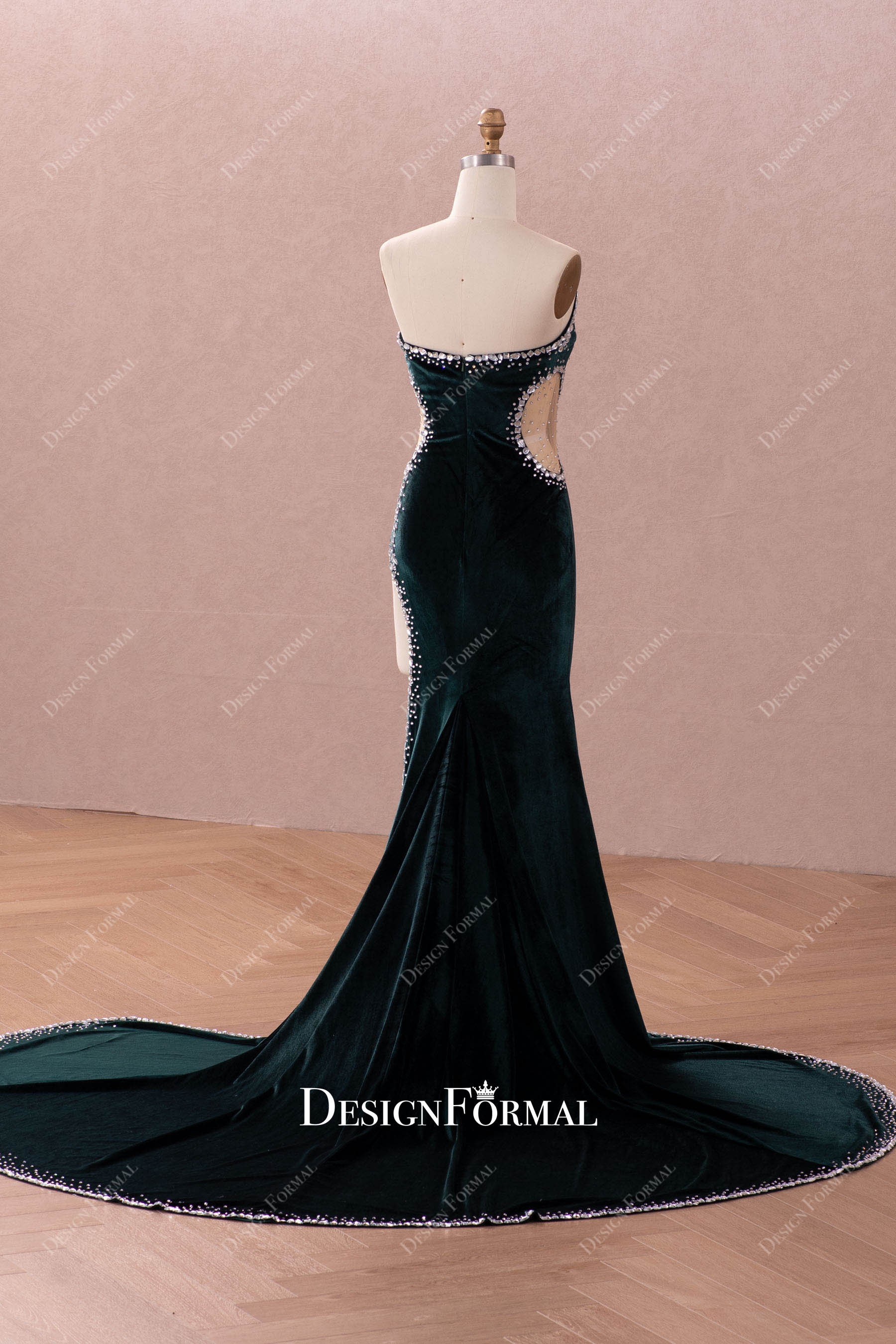 long train dark green velvet popular prom dress
