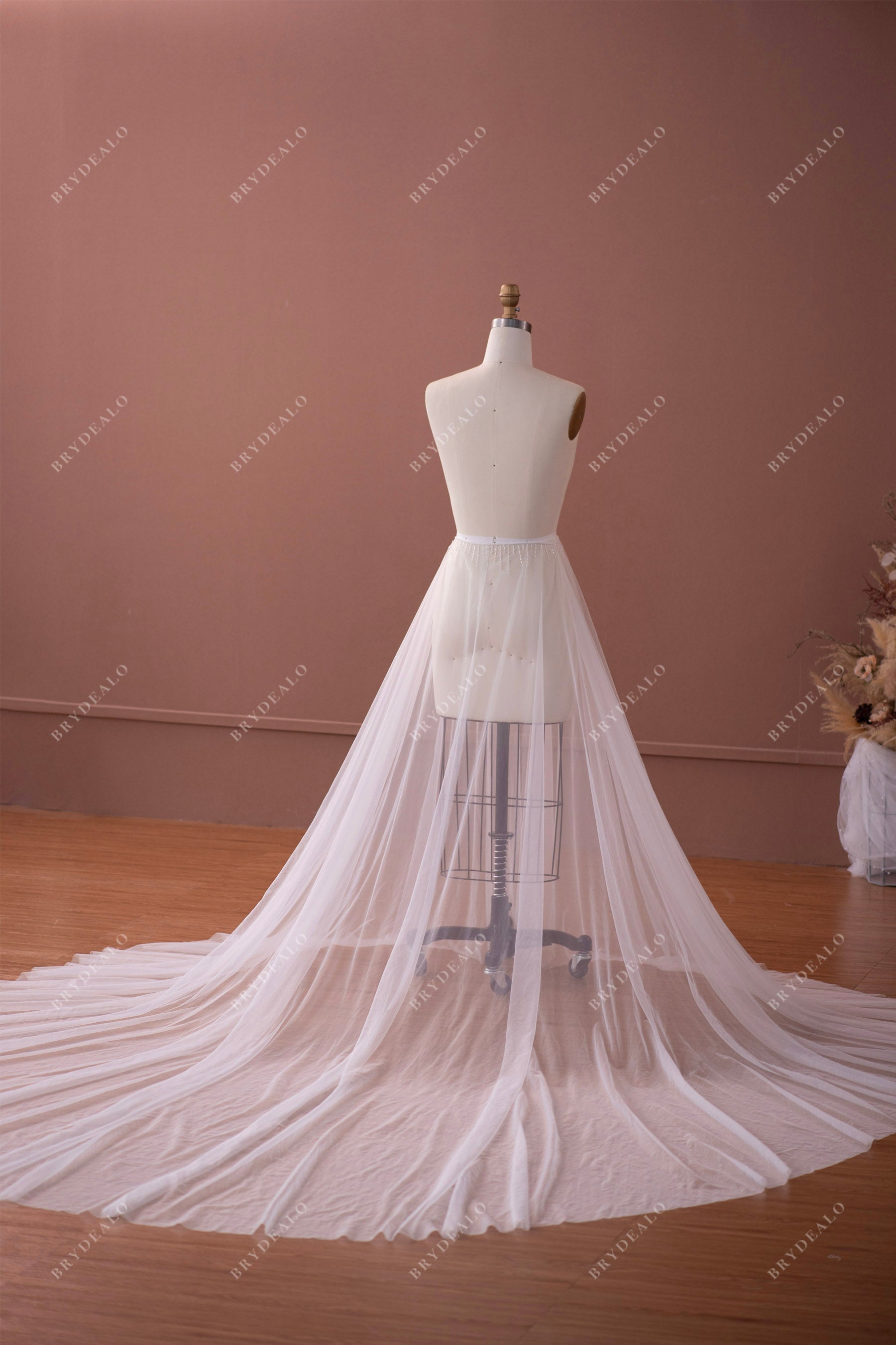 long chapel illusion tulle bridal overskirt