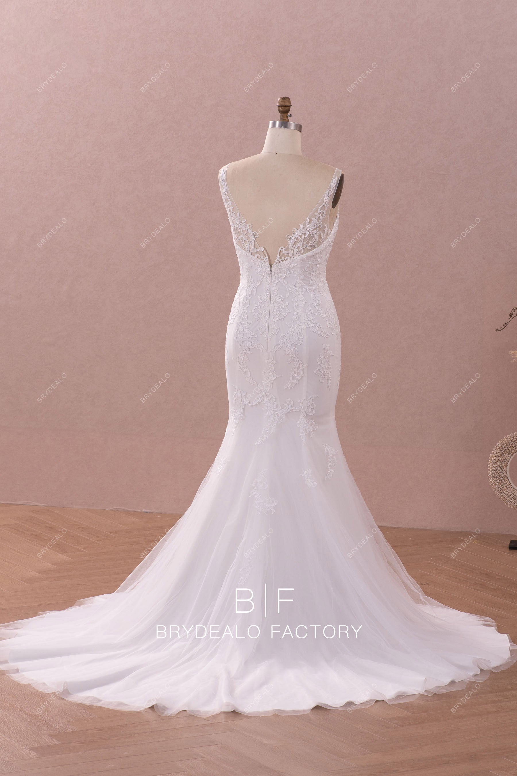 long chapel train mermaid lace wedding dress