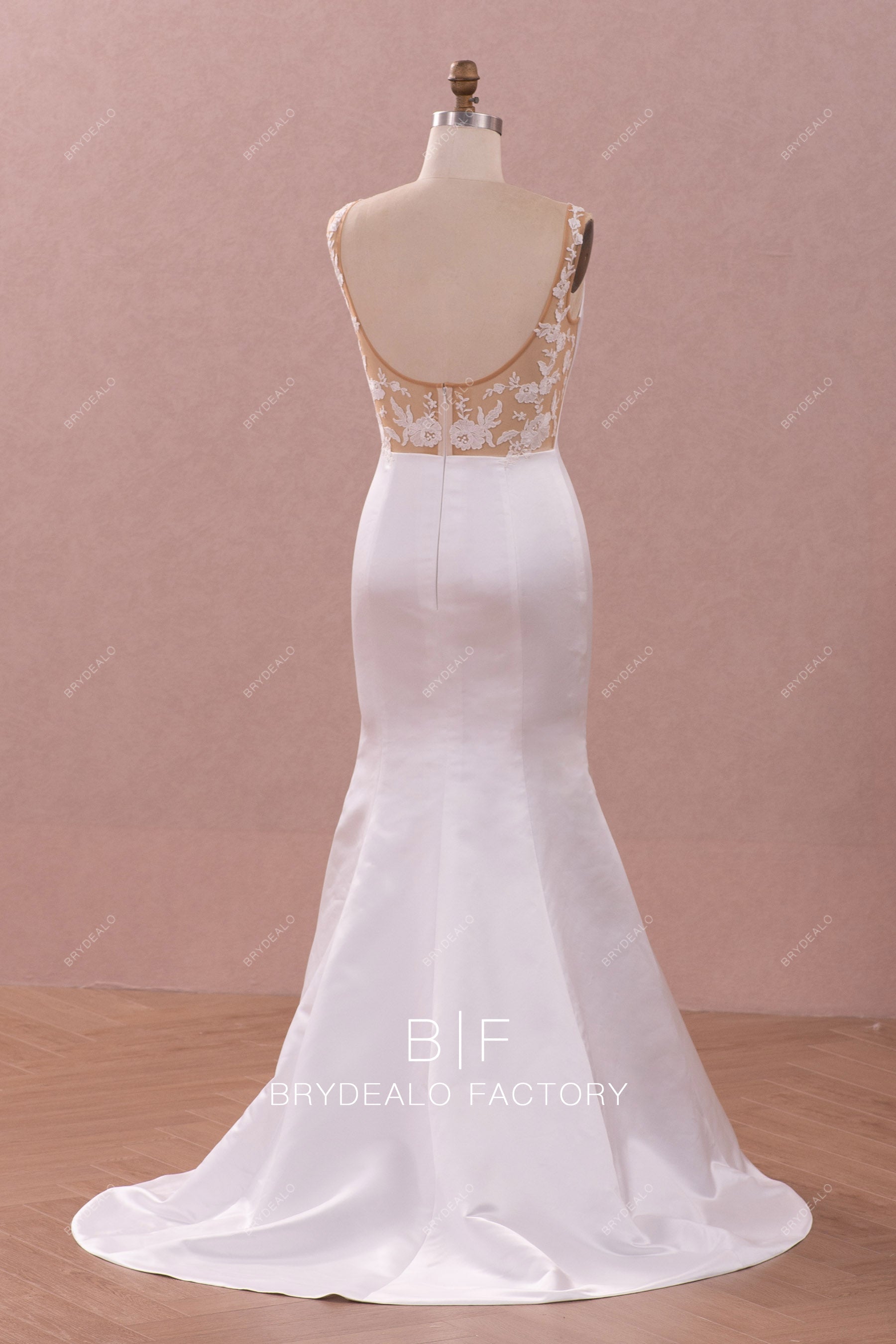 chic illusion lace back court train mermaid bridal gown