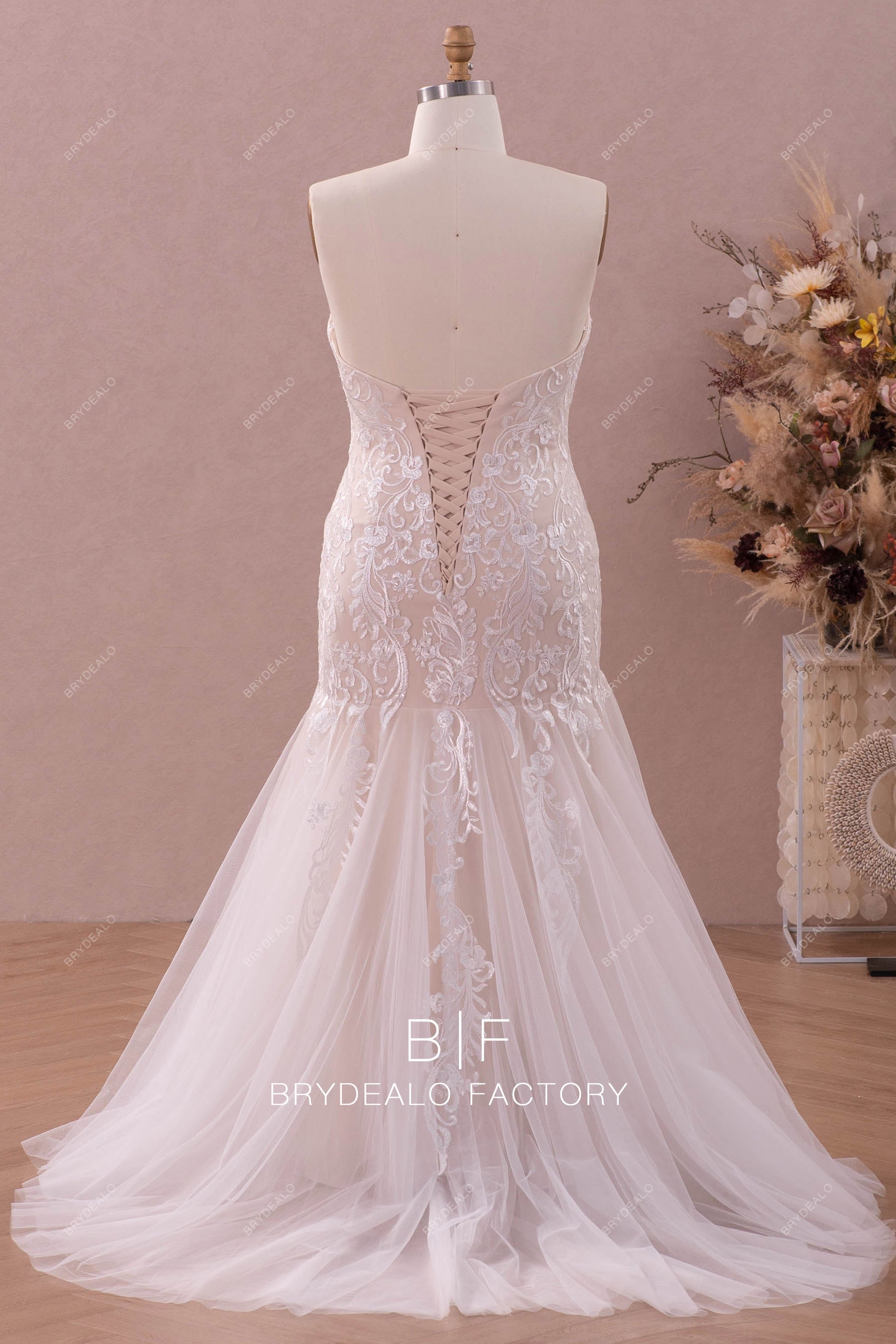 lace-up back trumpet destination wedding gown