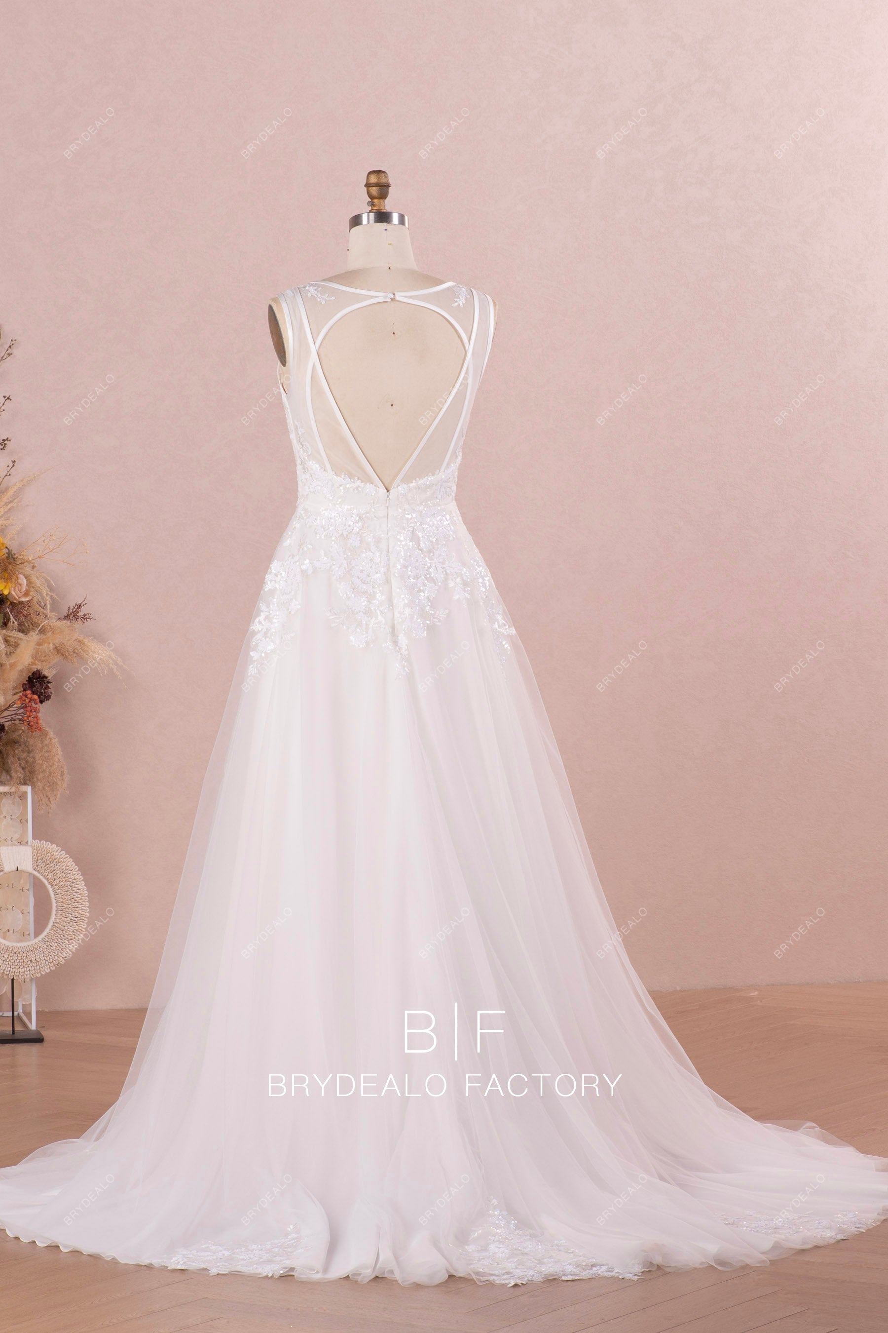 sleeveless open back A-line long wedding dress