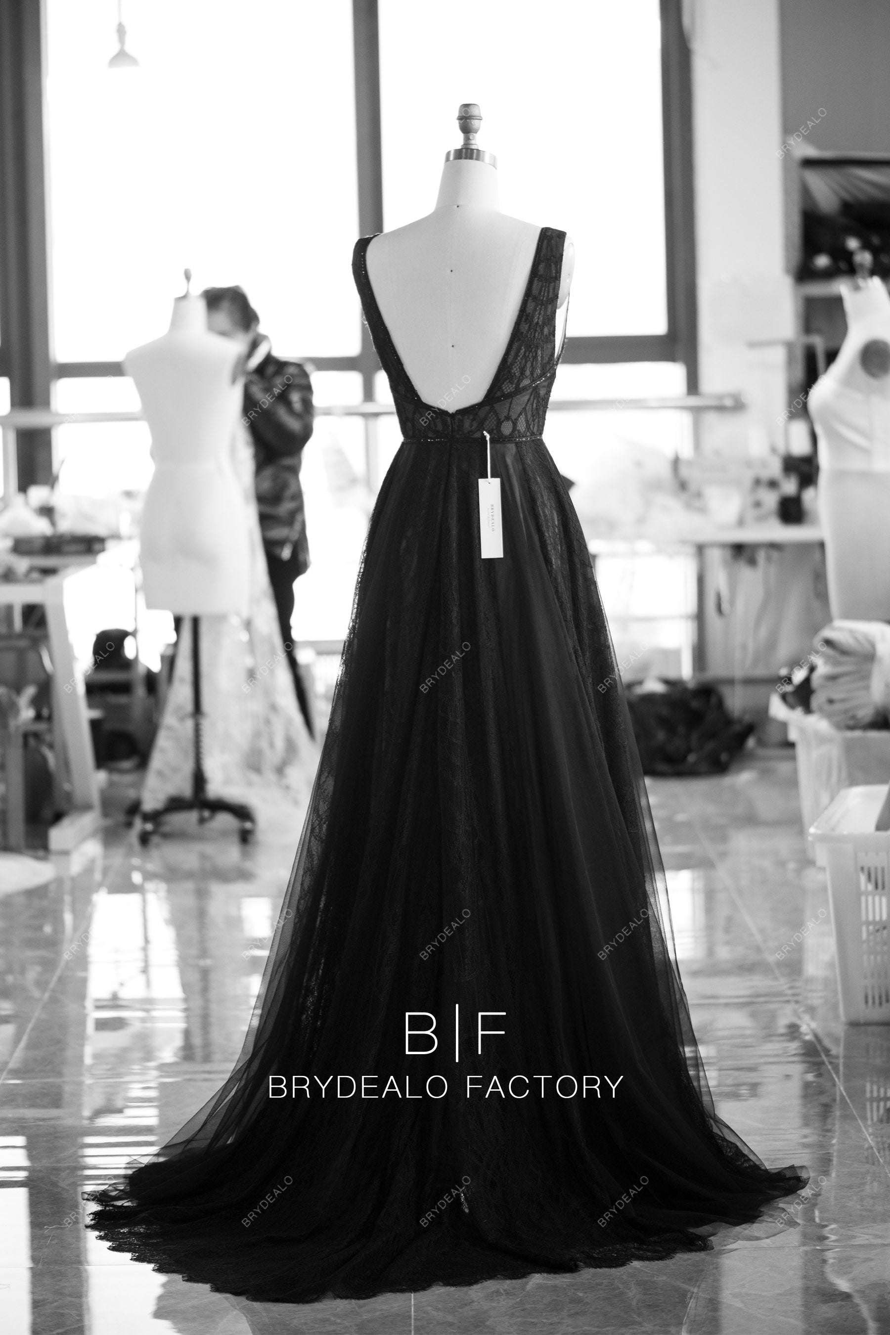 custom open back lace tulle A-line long wedding dress