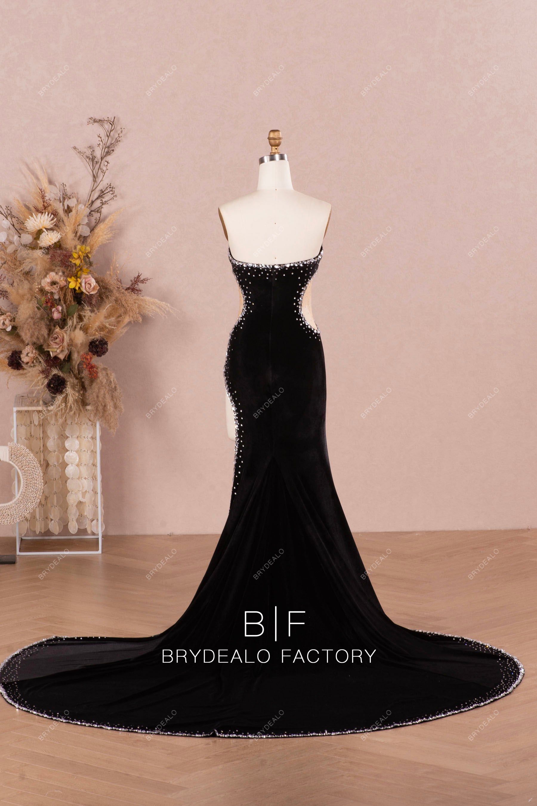 long train black velvet trendy prom dress