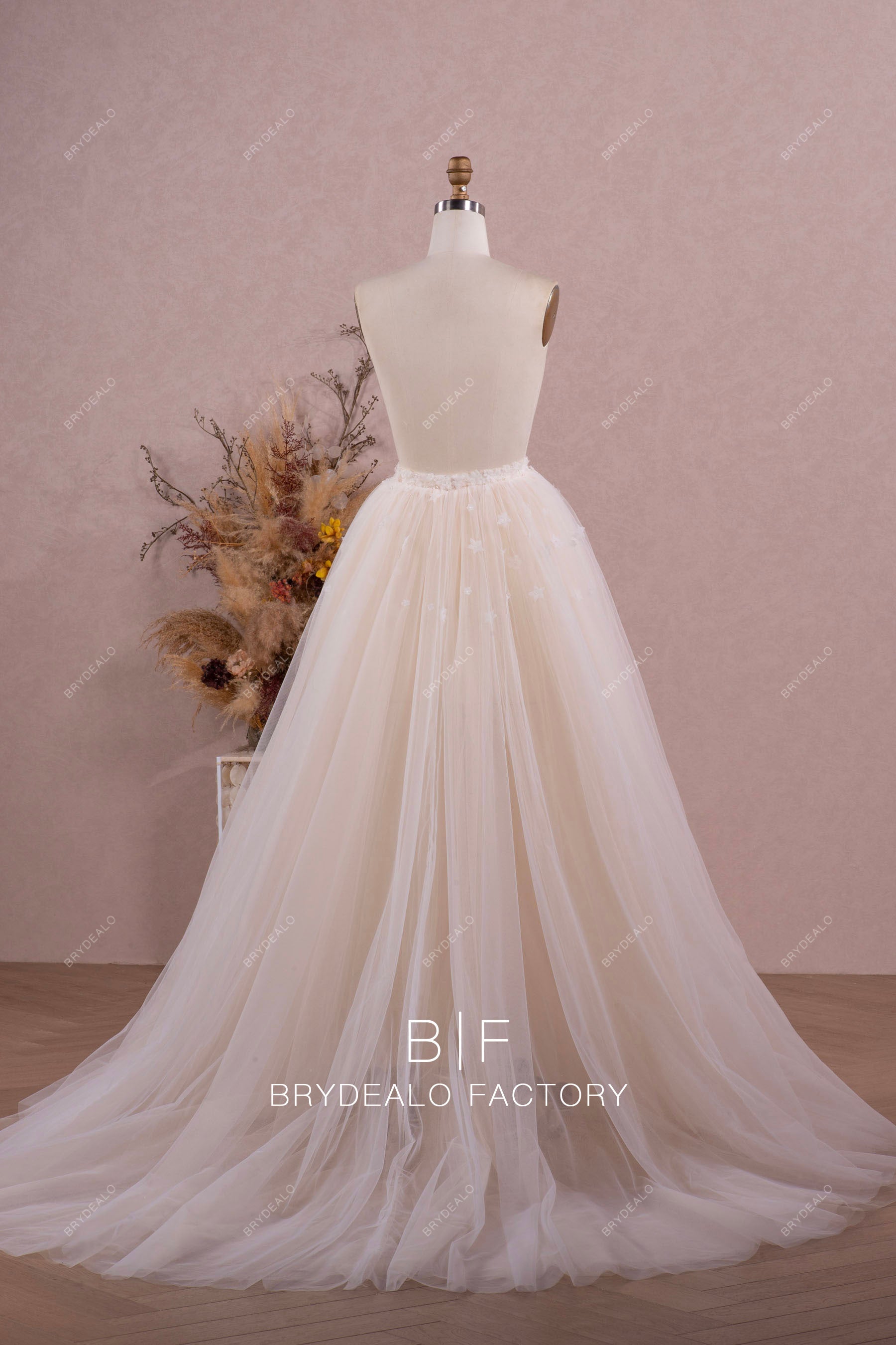 long romantic tulle champagne bridal overskirt
