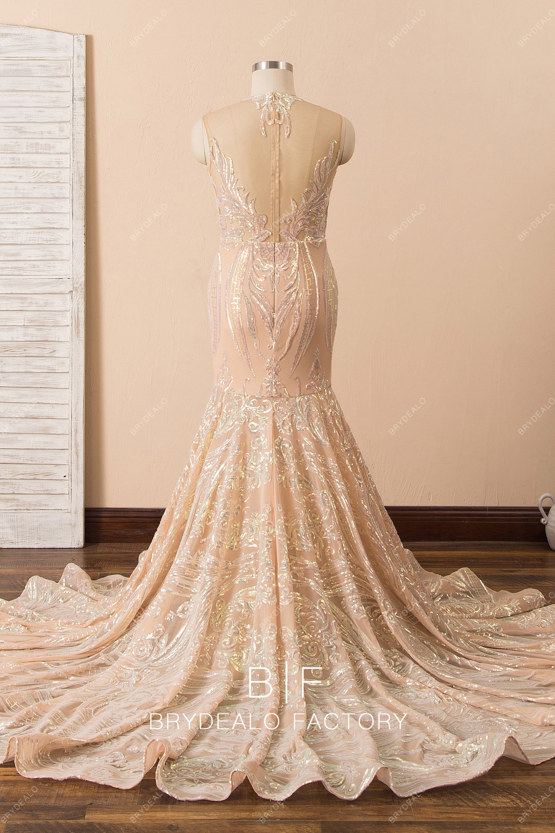 illusion back long train trumpet sparkly prom gown