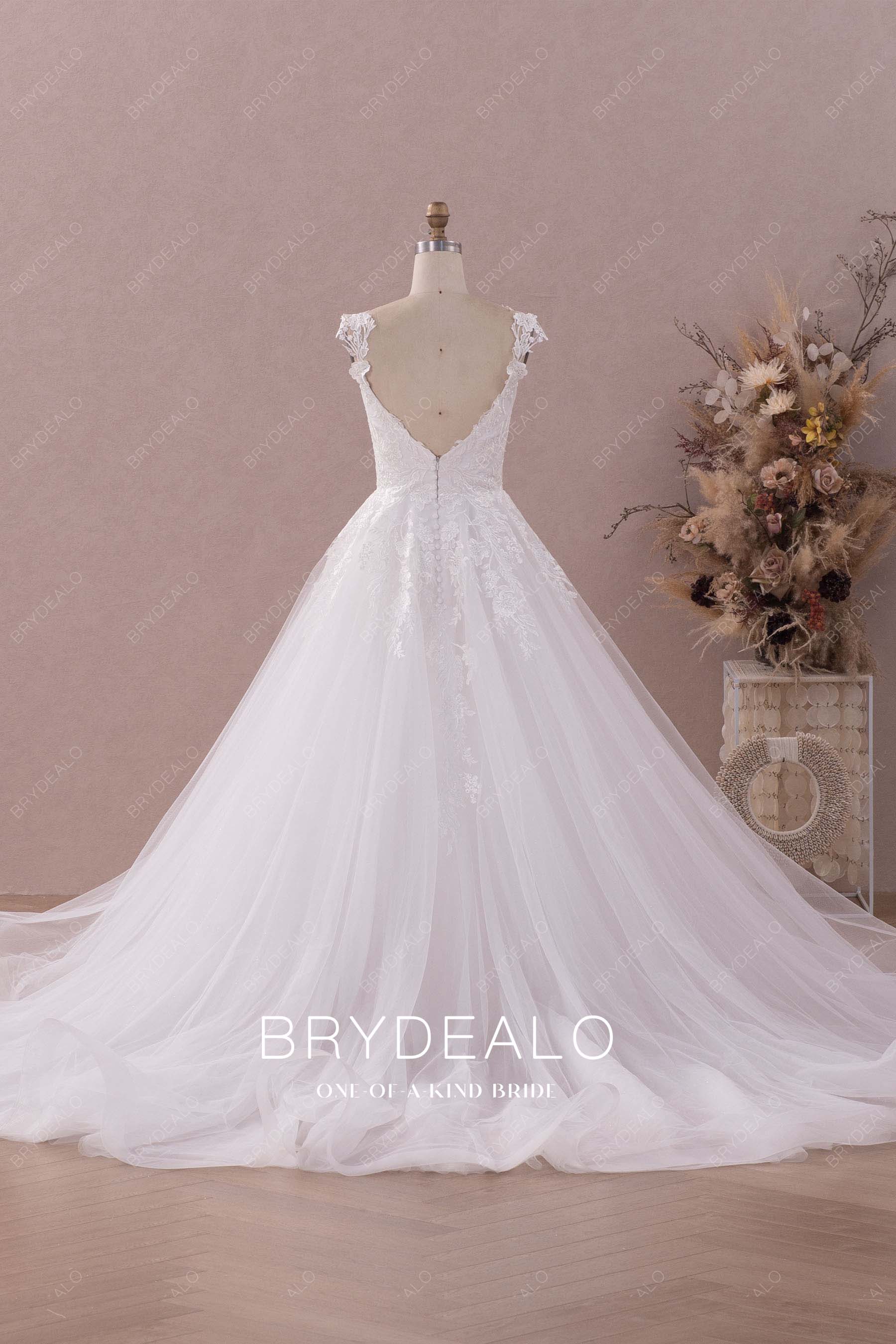 long ruffled train lace tulle destination wedding dress