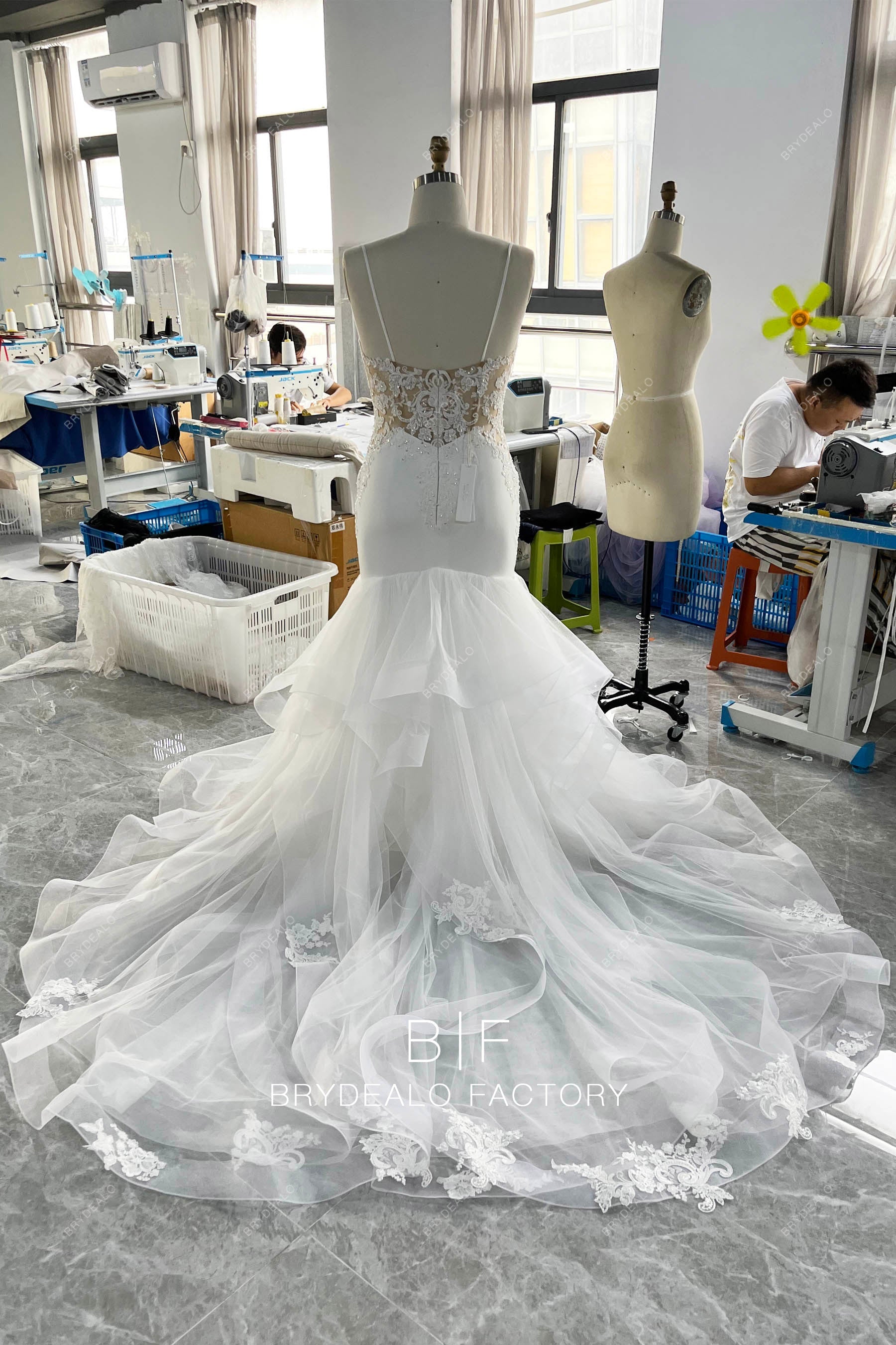 long ruffled train mermaid hand made wedding dress