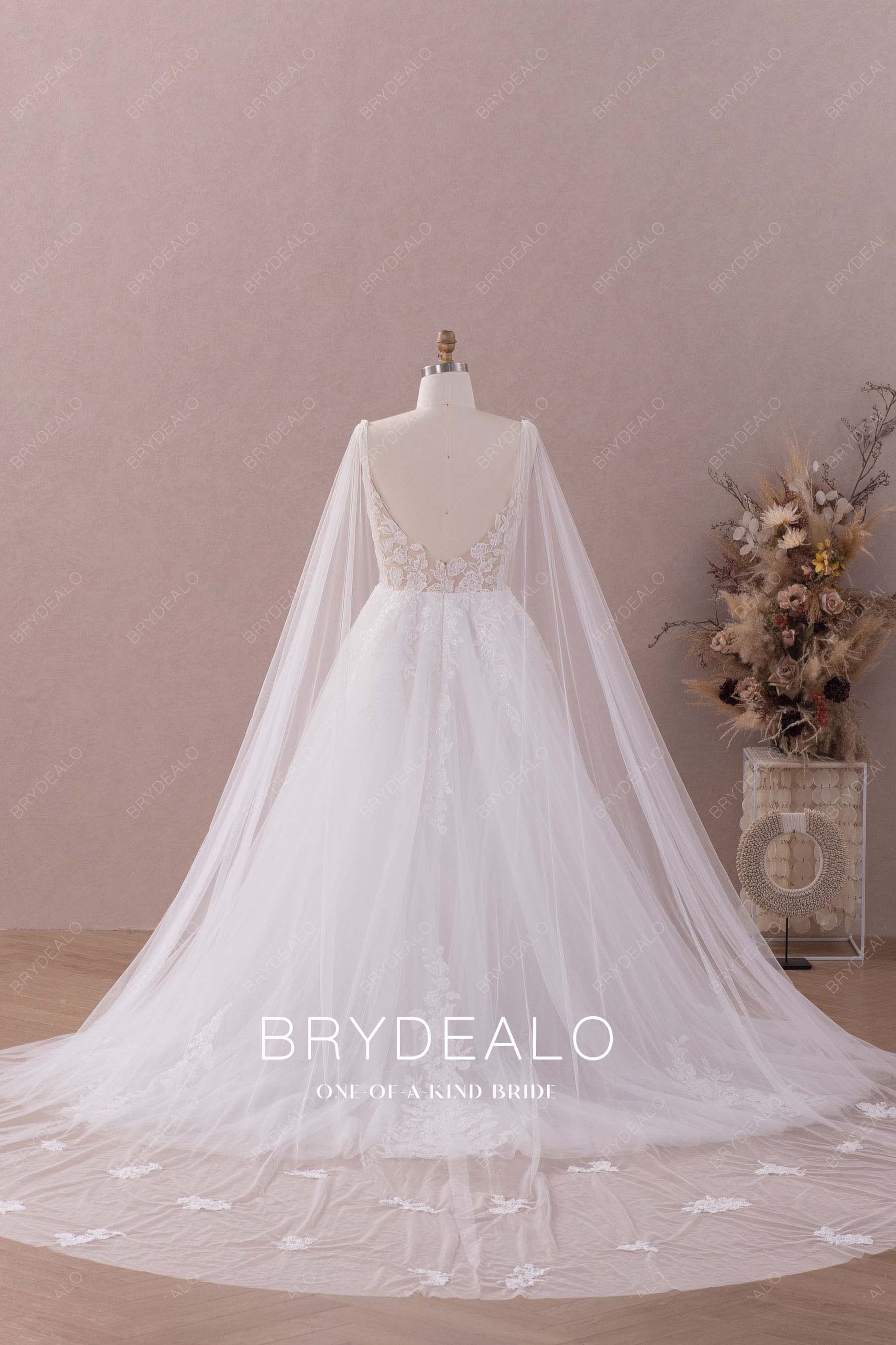 long shoulder streamers destination lace wedding dress