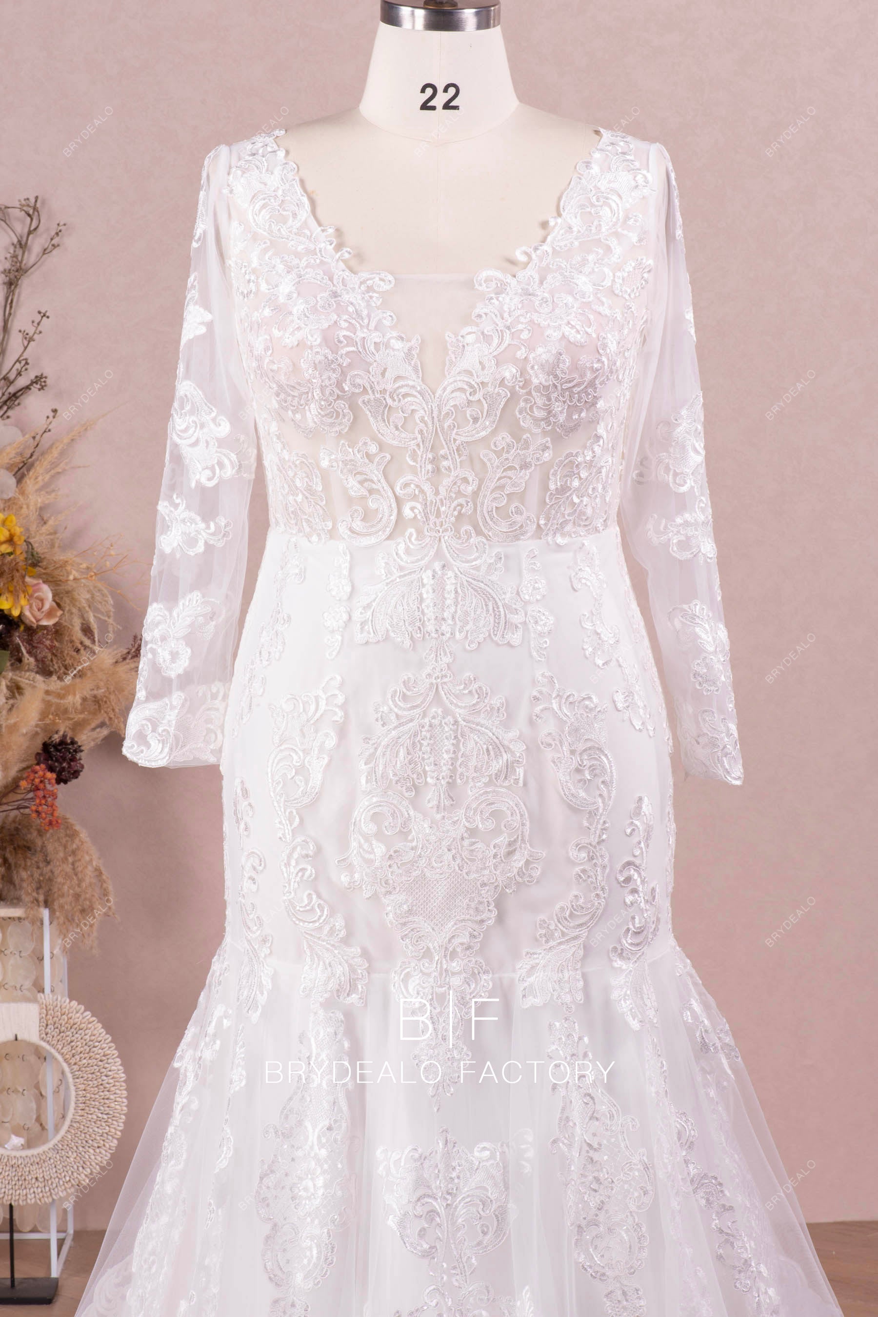 white lace long sleeve V-neck wedding dress