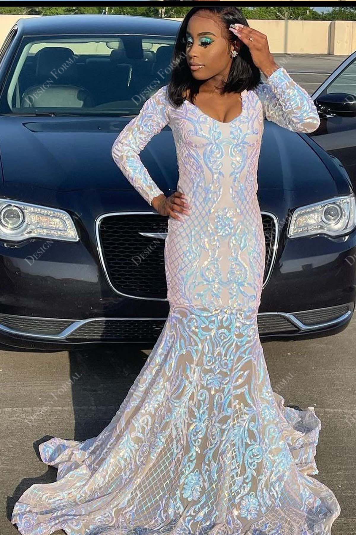 long sleeve iridescent sequin horsehair mermaid prom gown