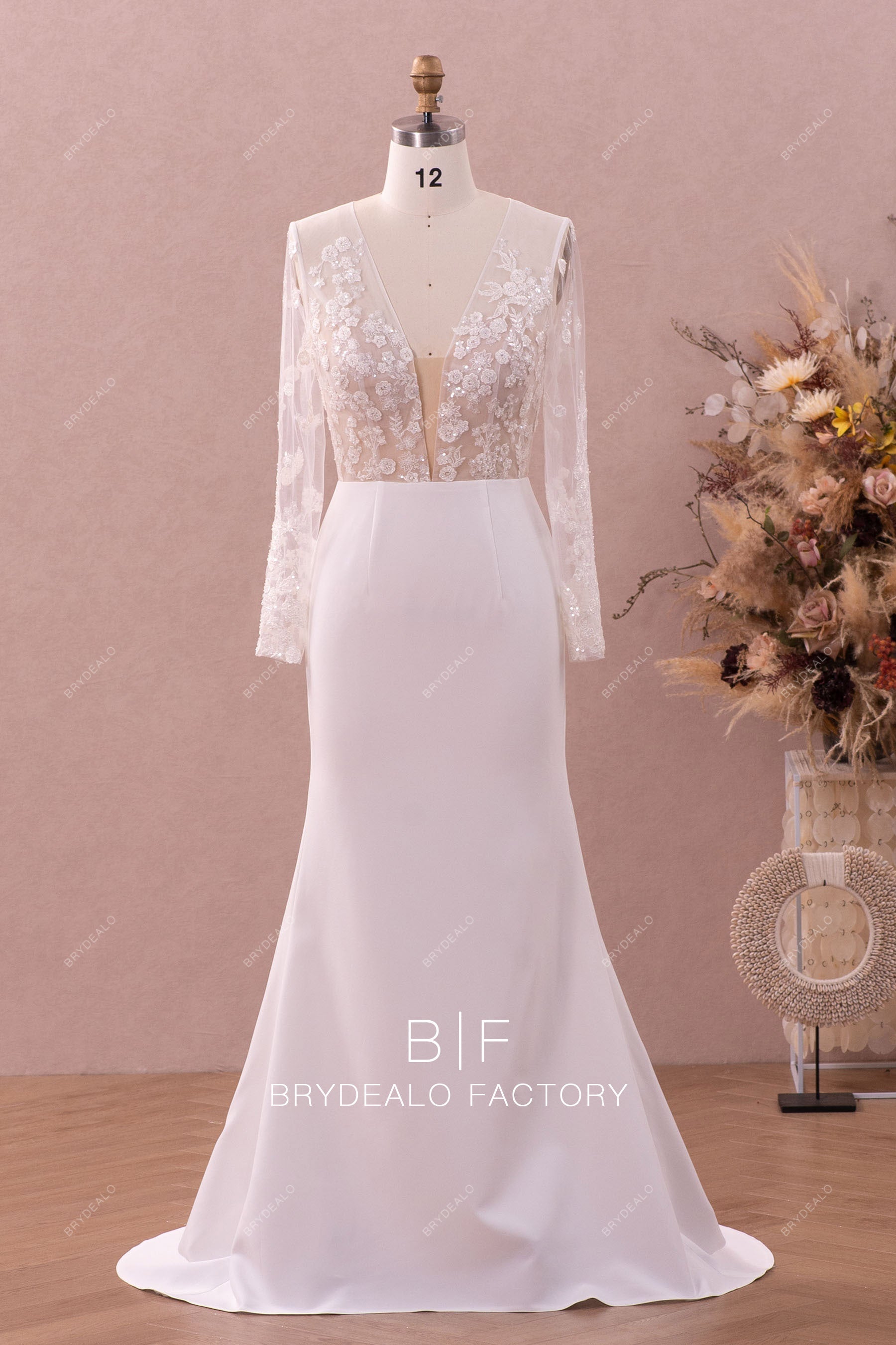 long sleeve lace crepe mermaid wedding dress
